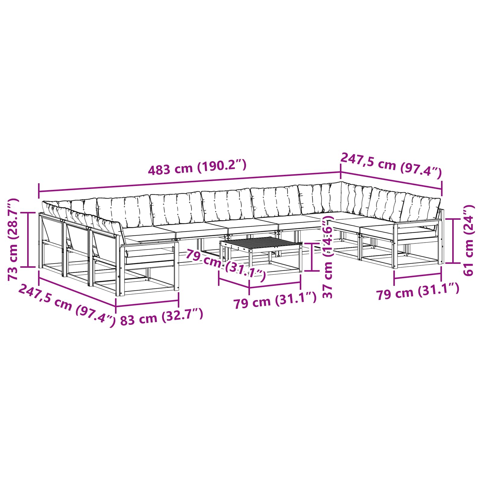 Outdoor-Sofagarnitur mit Kissen 11 pcs Weiß und Schwarz