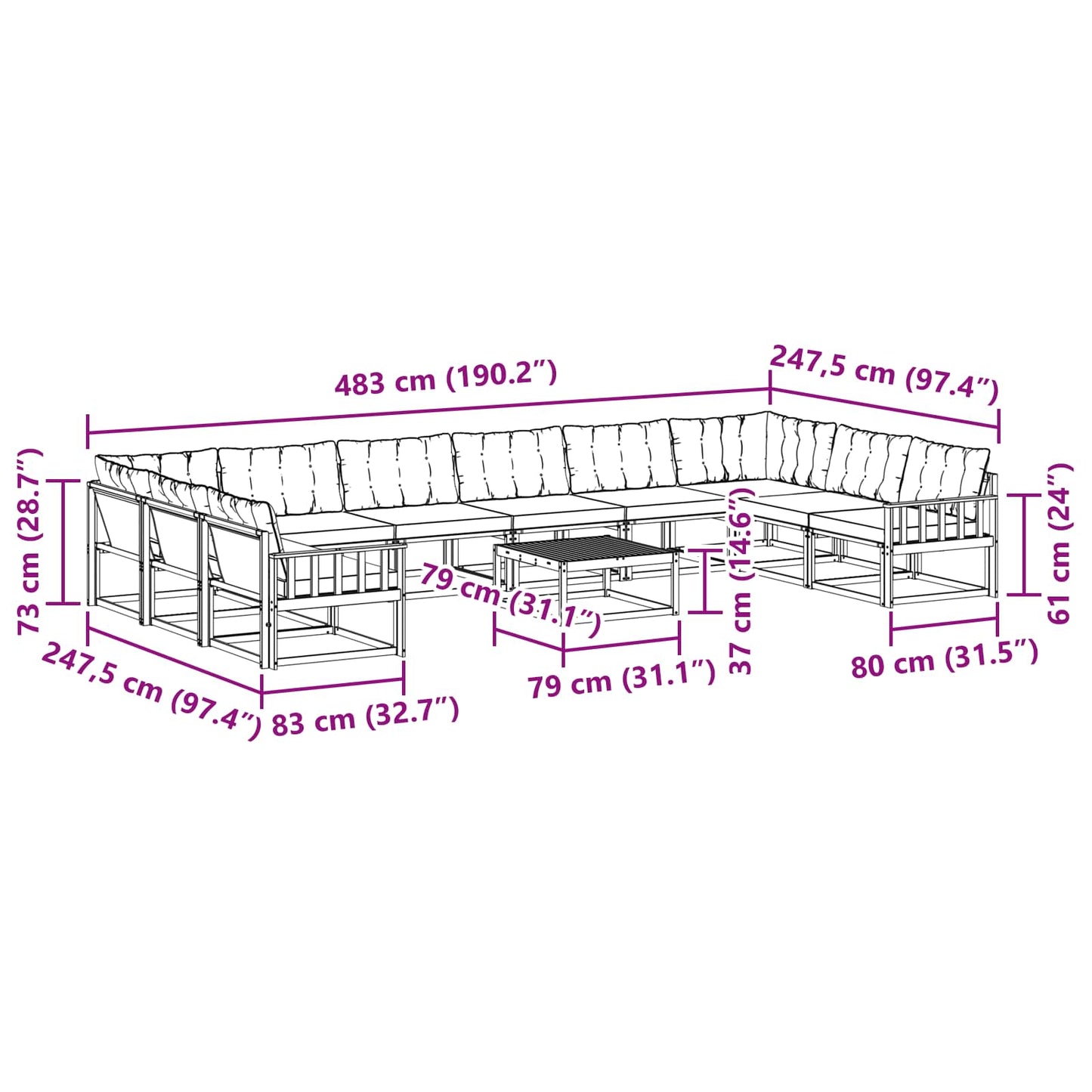 Outdoor-Sofagarnitur mit Kissen 11 pcs Weiß und Creme