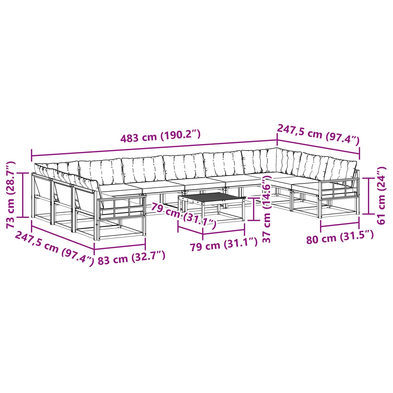 Outdoor-Sofagarnitur mit Kissen 11 pcs Weiß und Schwarz
