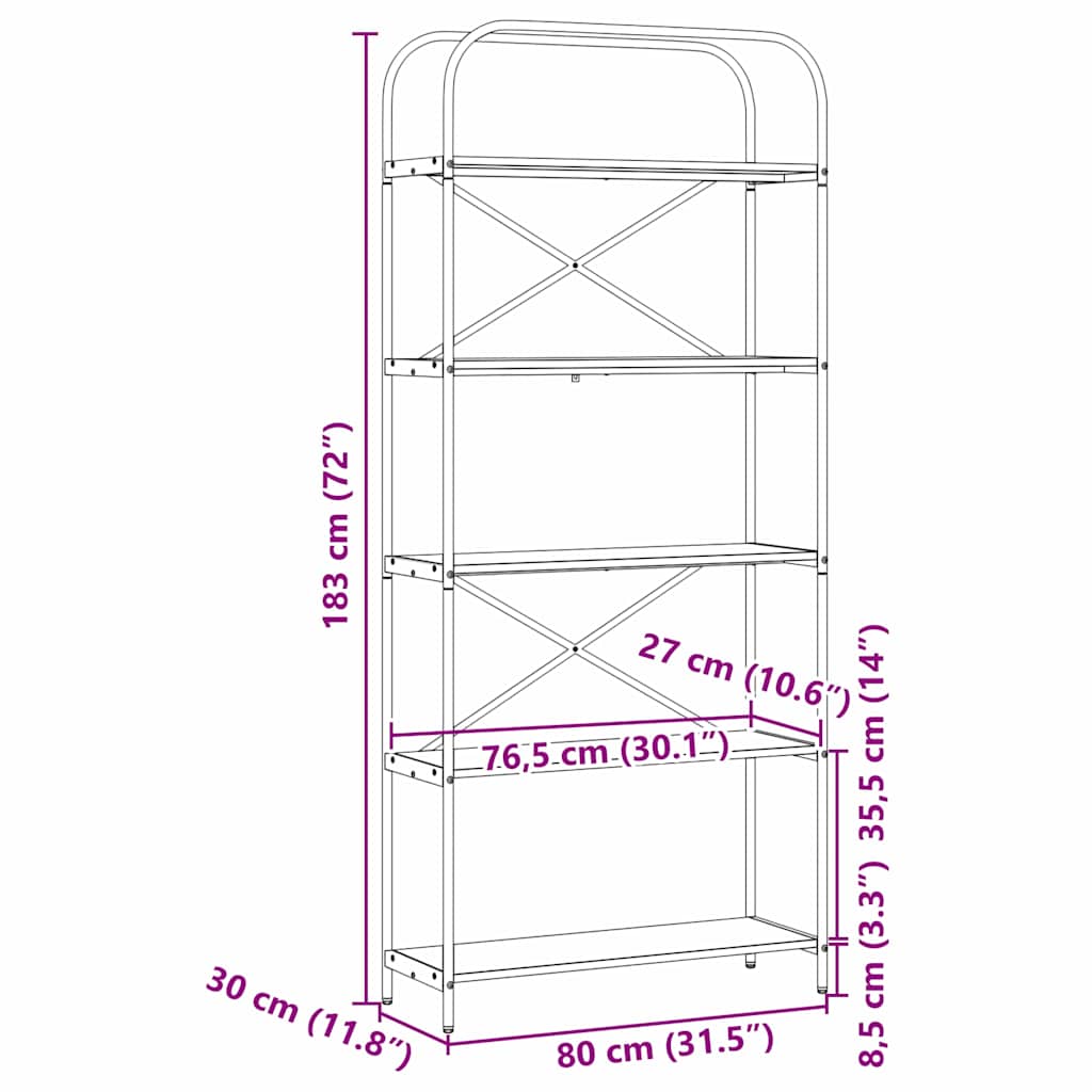 Bücherregal 5 Ebenen 80 x 30 x 183 cm Holzwerkstoff