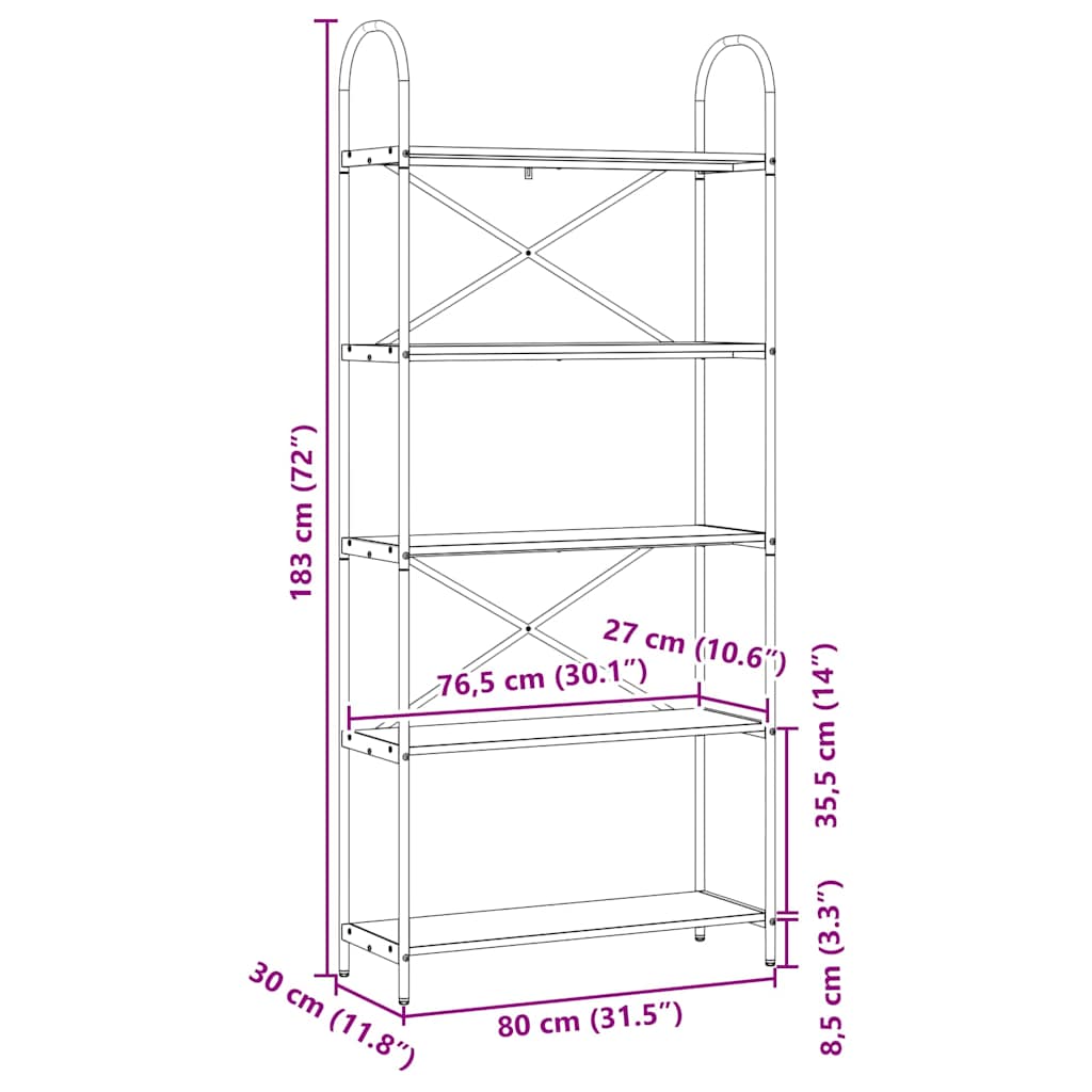 Bücherregal 5 Ebenen 80 x 30 x 183 cm Holzwerkstoff