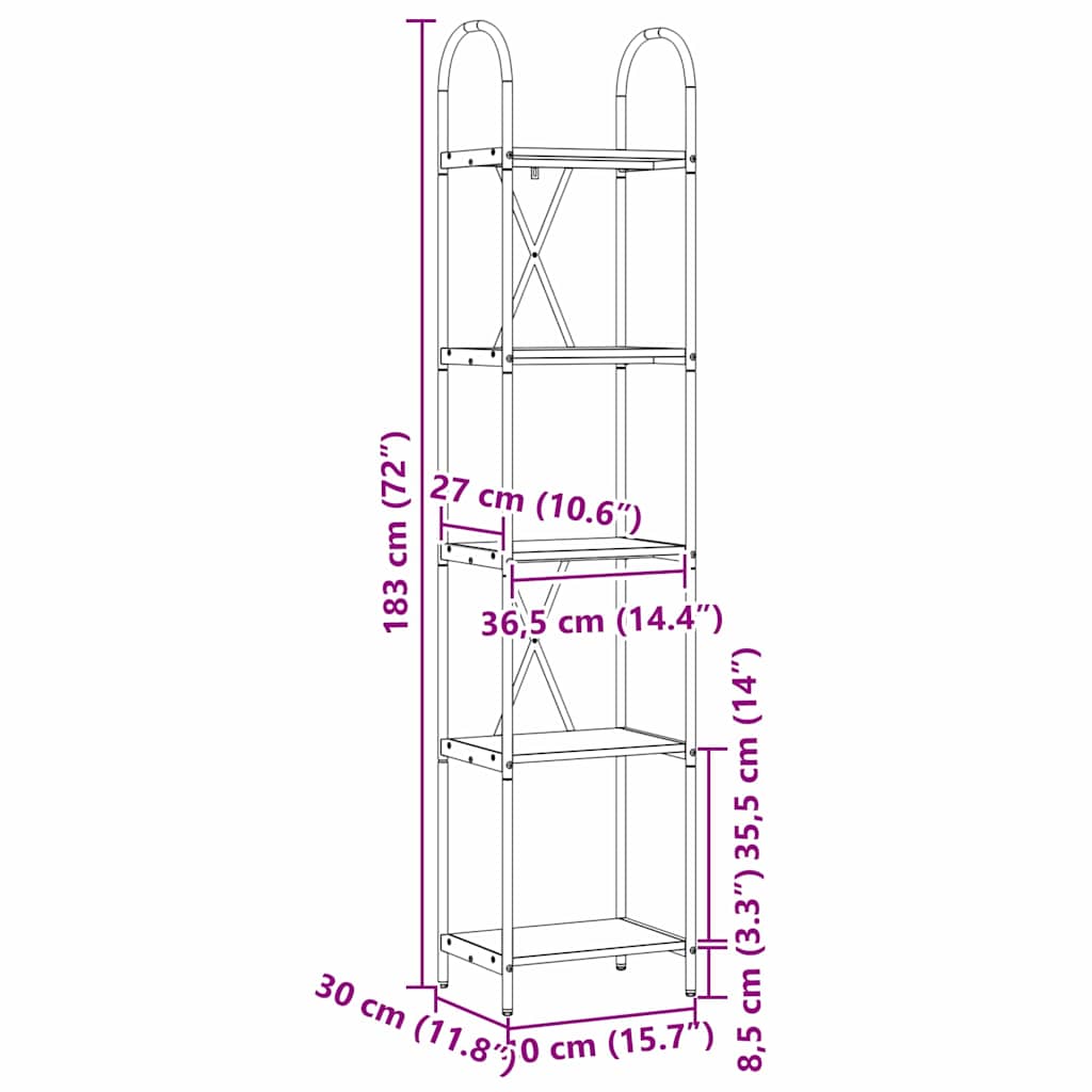 Bücherregal 5 Ebenen 40 x 30 x 183 cm Holzwerkstoff Altholz