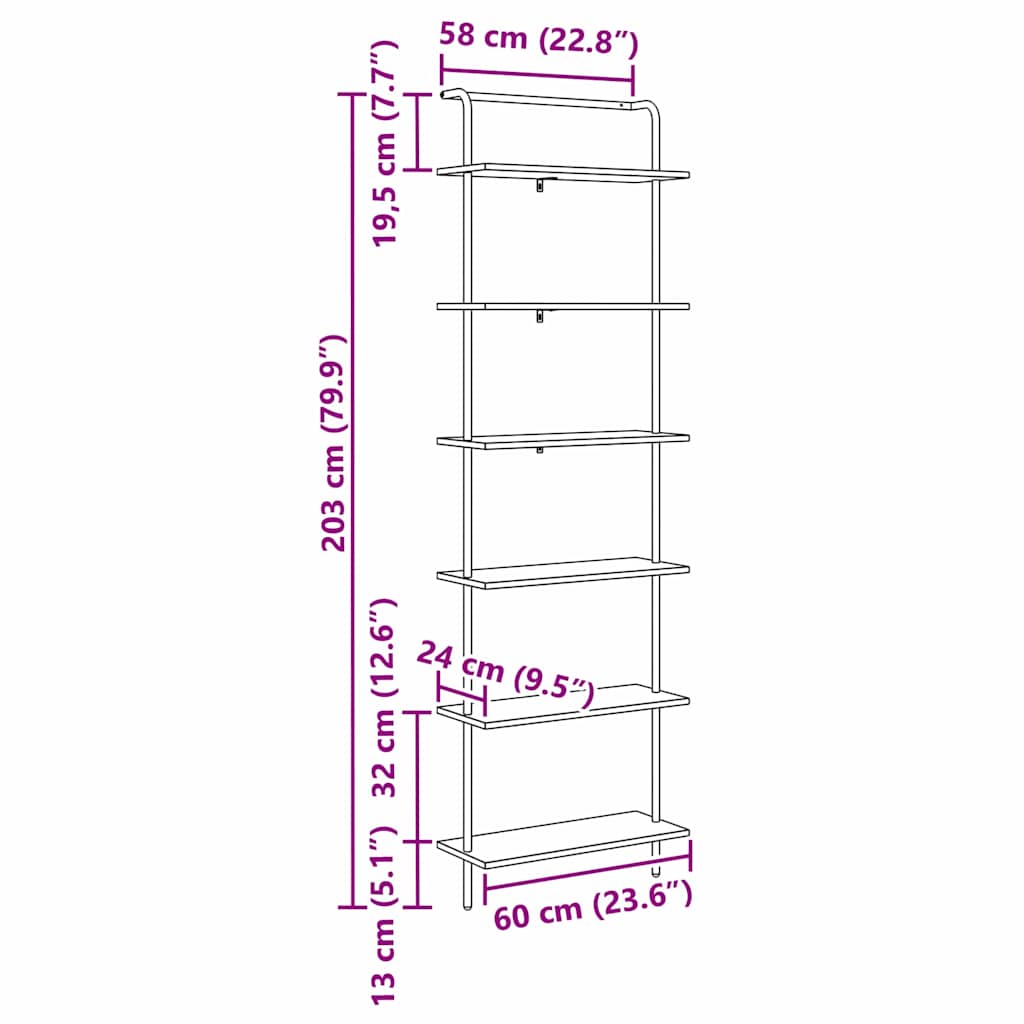 Bücherregal 6 Ebenen 60 x 24 x 203 cm Holzwerkstoff