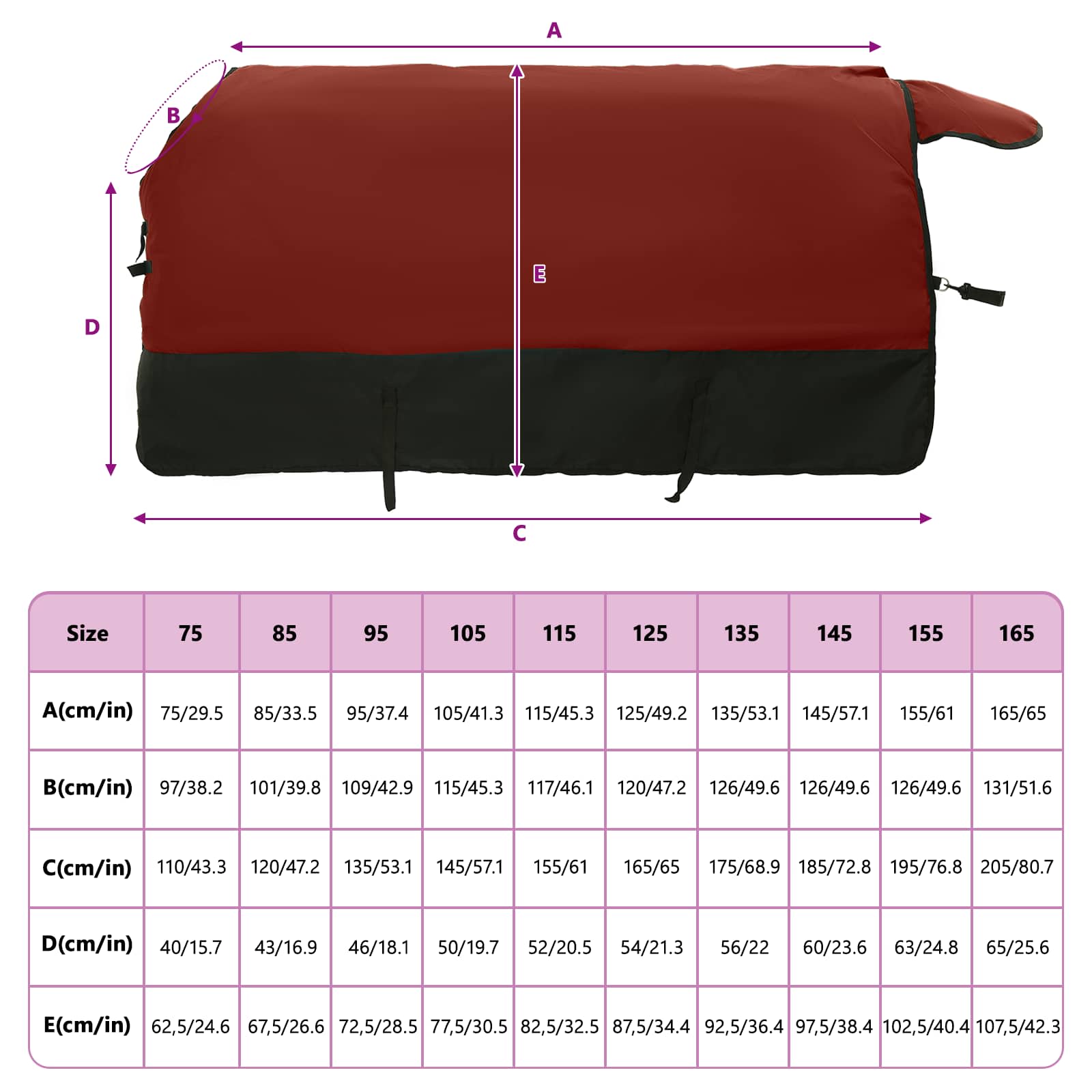 Pferdedecke Bordeaux und Schwarz 125 cm Polyester