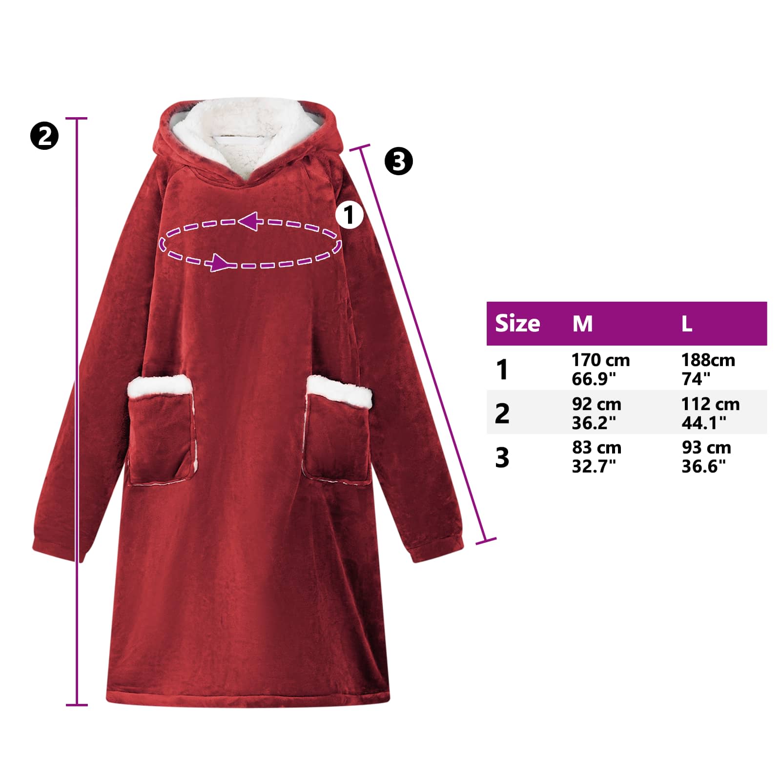 Decken-Hoodie Bordeauxrot M Fleece und Flanell