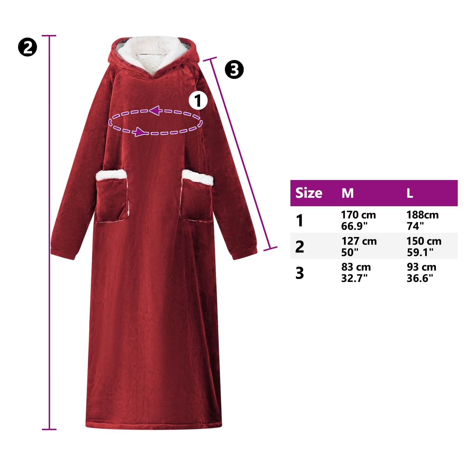 Decken-Hoodie Bordeauxrot M Fleece und Flanell