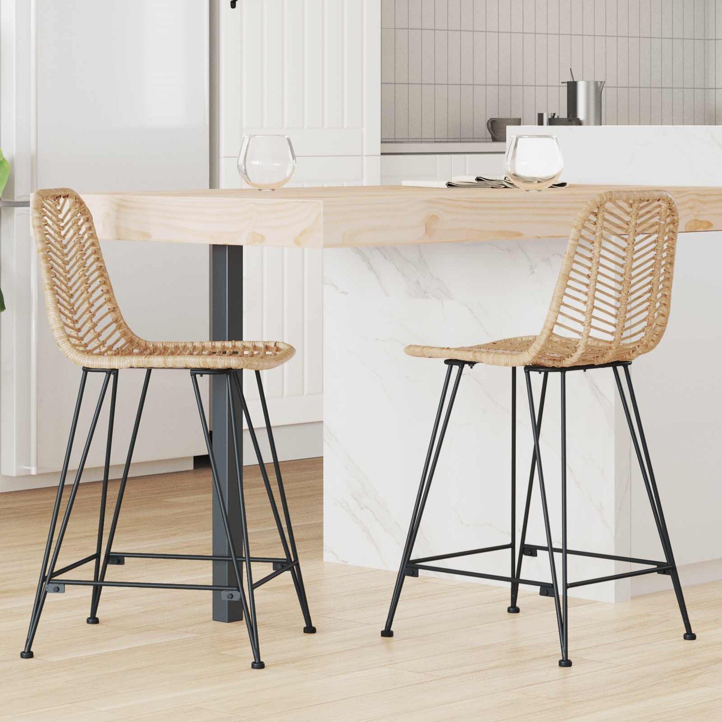Barstuhl 2 Stk. Natur 44,5 x 54,5 x 97,5 cm Rattan und Eisen