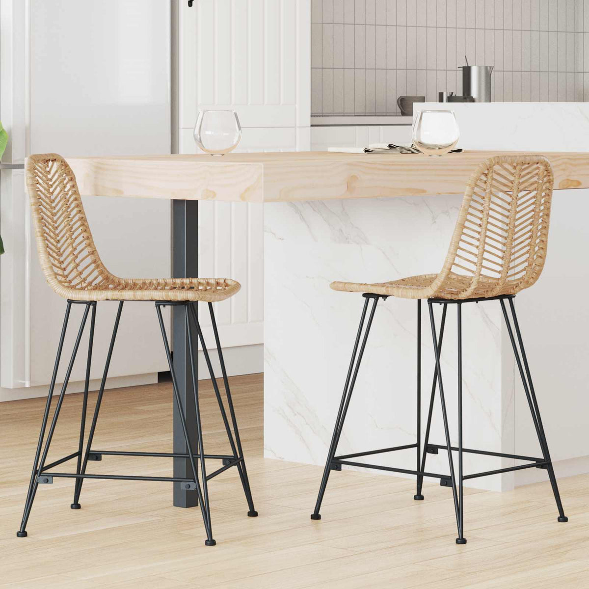 Barstuhl 2 stk. Natur 44,5 x 54,5 x 97,5 cm Rattan und Eisen