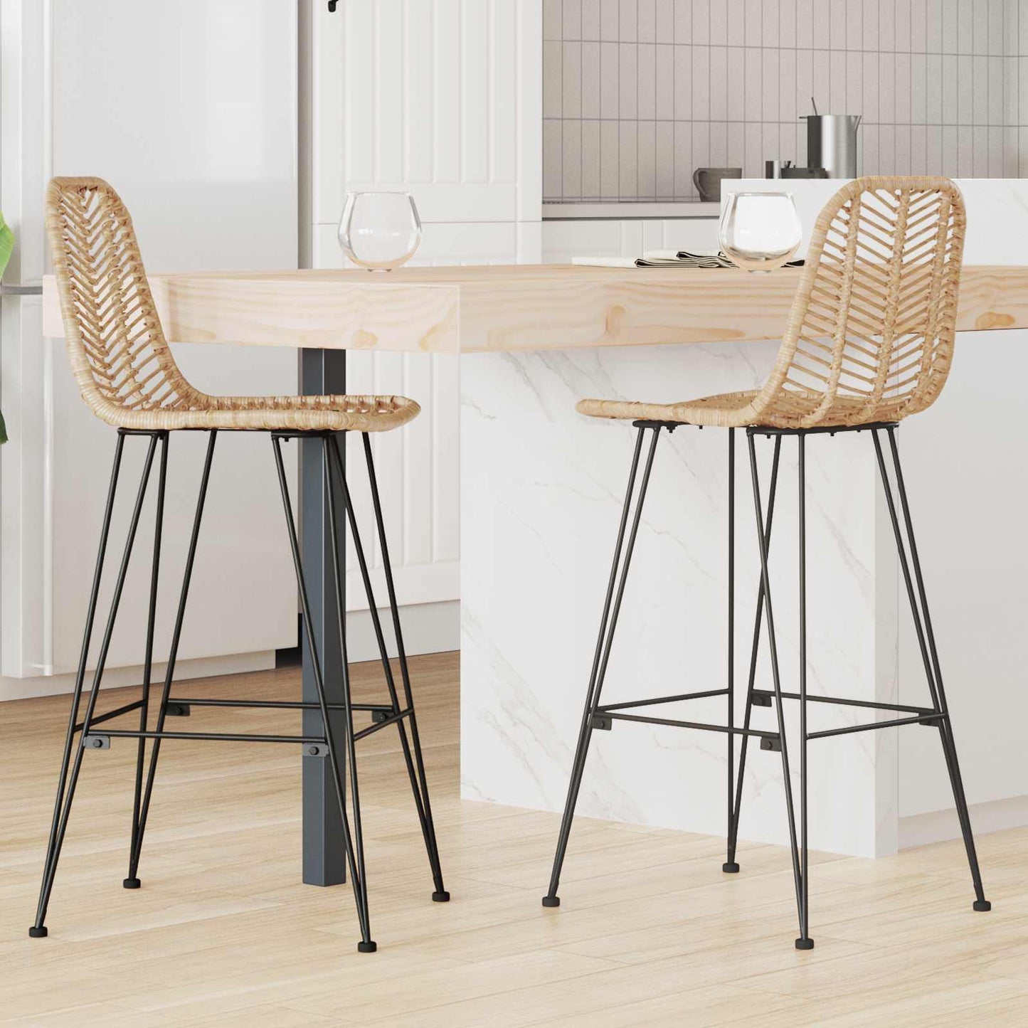 Barstuhl 2 stk. Natur 44 x 52 x 111 cm Rattan und Eisen