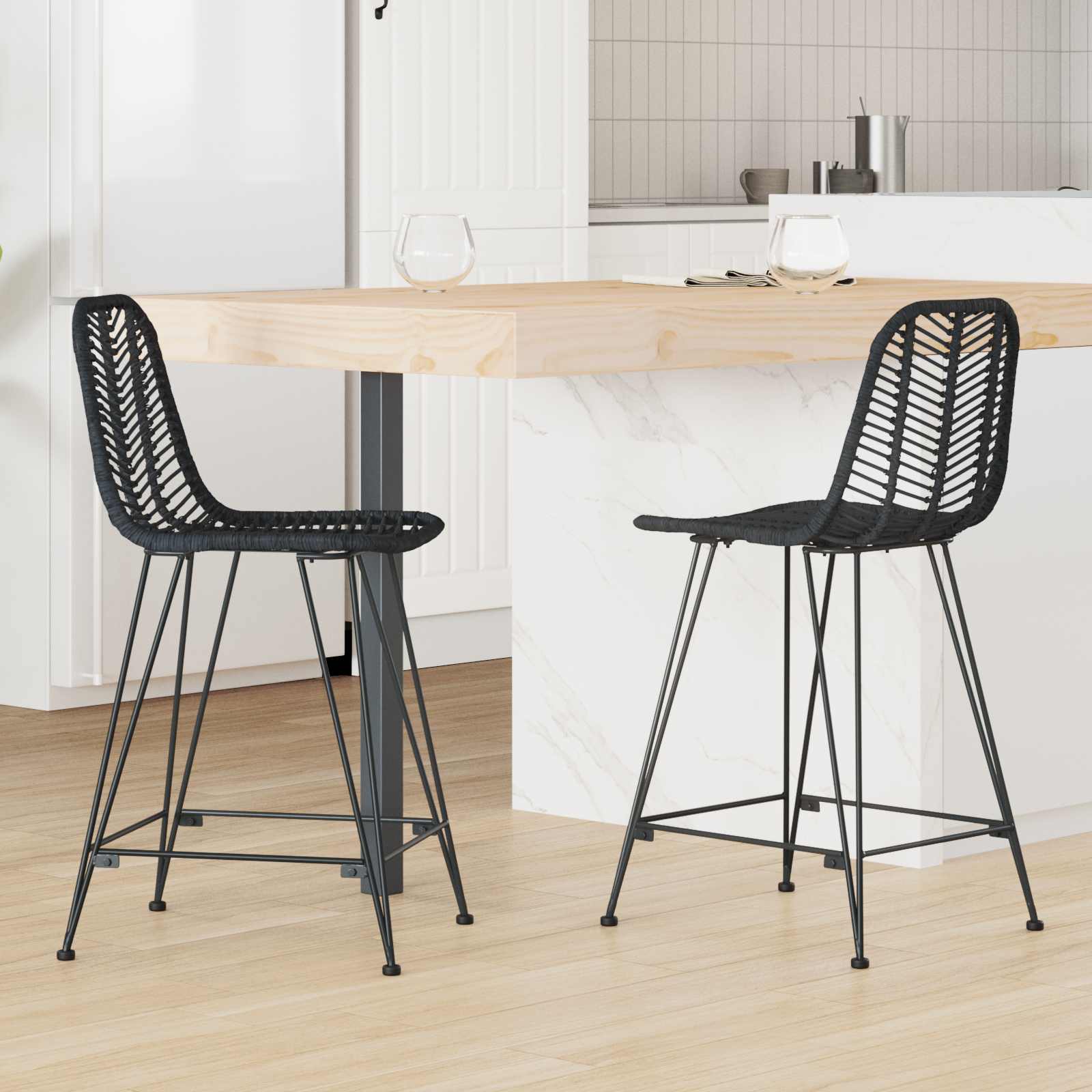 Barstuhl 2 stk. Schwarz 44,5 x 54,5 x 97,5 cm Rattan und Eisen