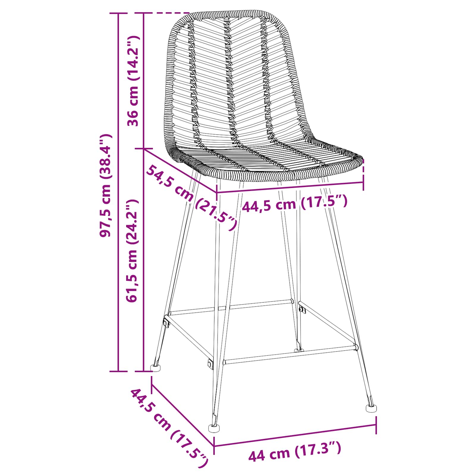 Barstuhl 2 stk. Schwarz 44,5 x 54,5 x 97,5 cm Rattan und Eisen
