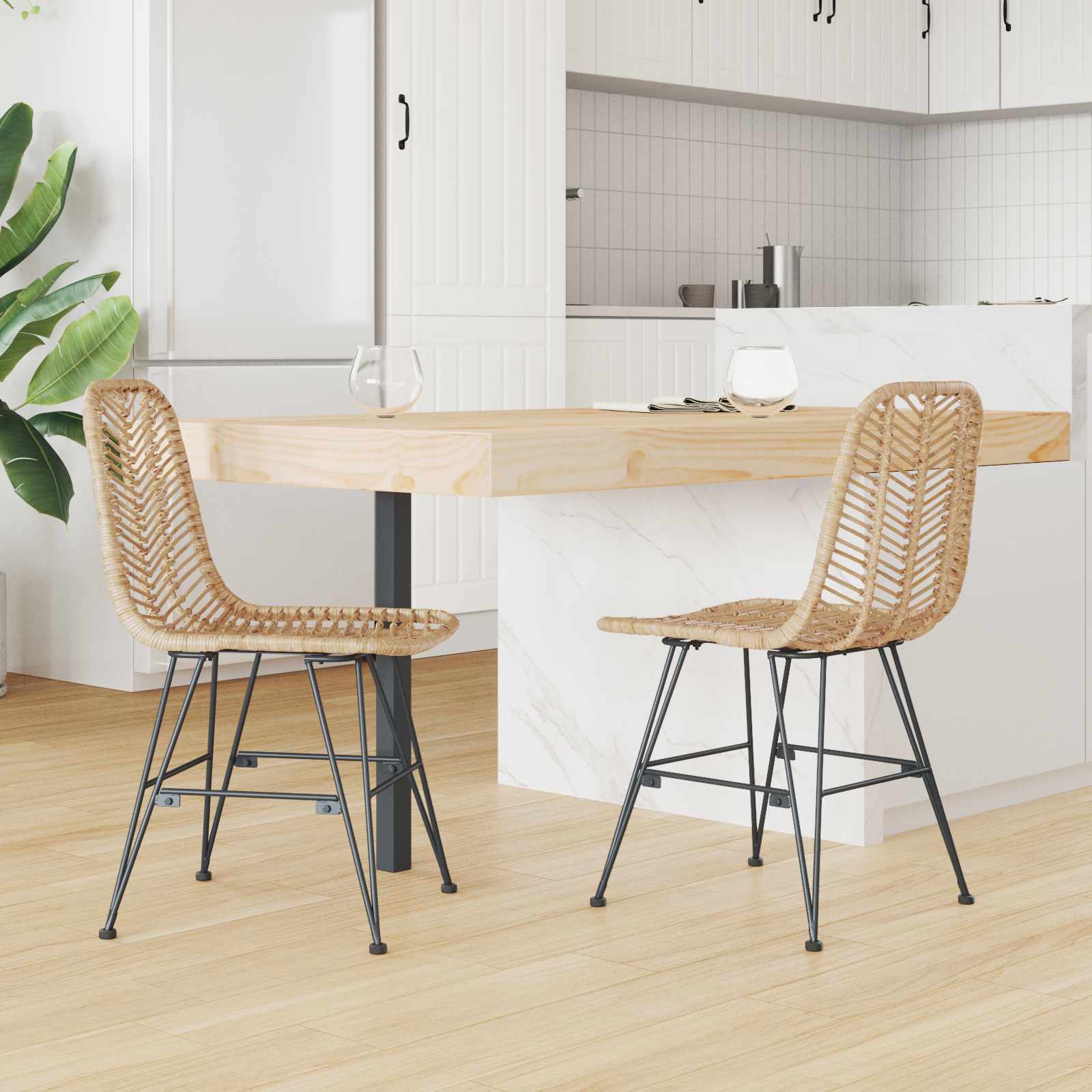 Esszimmerstuhl 2 stk. Rattan und Eisen Natur