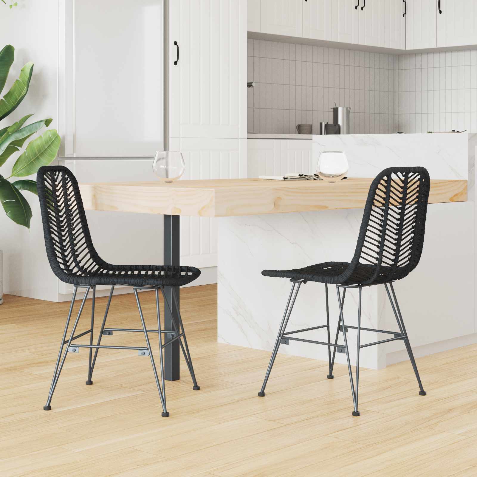 Esszimmerstuhl 2 stk. Rattan und Eisen Schwarz