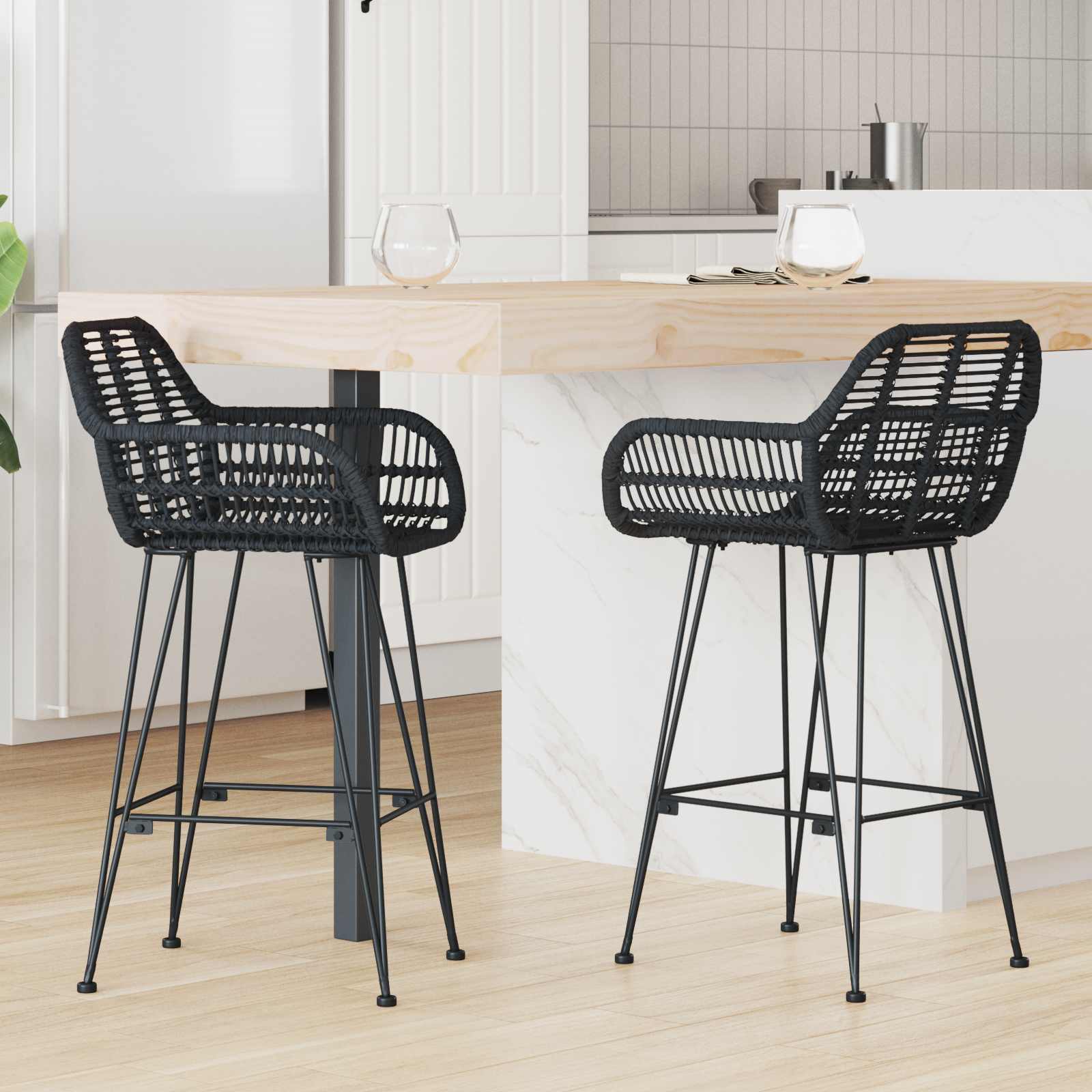 Barstuhl 2 stk. Schwarz 55 x 52 x 92 cm Rattan und Eisen