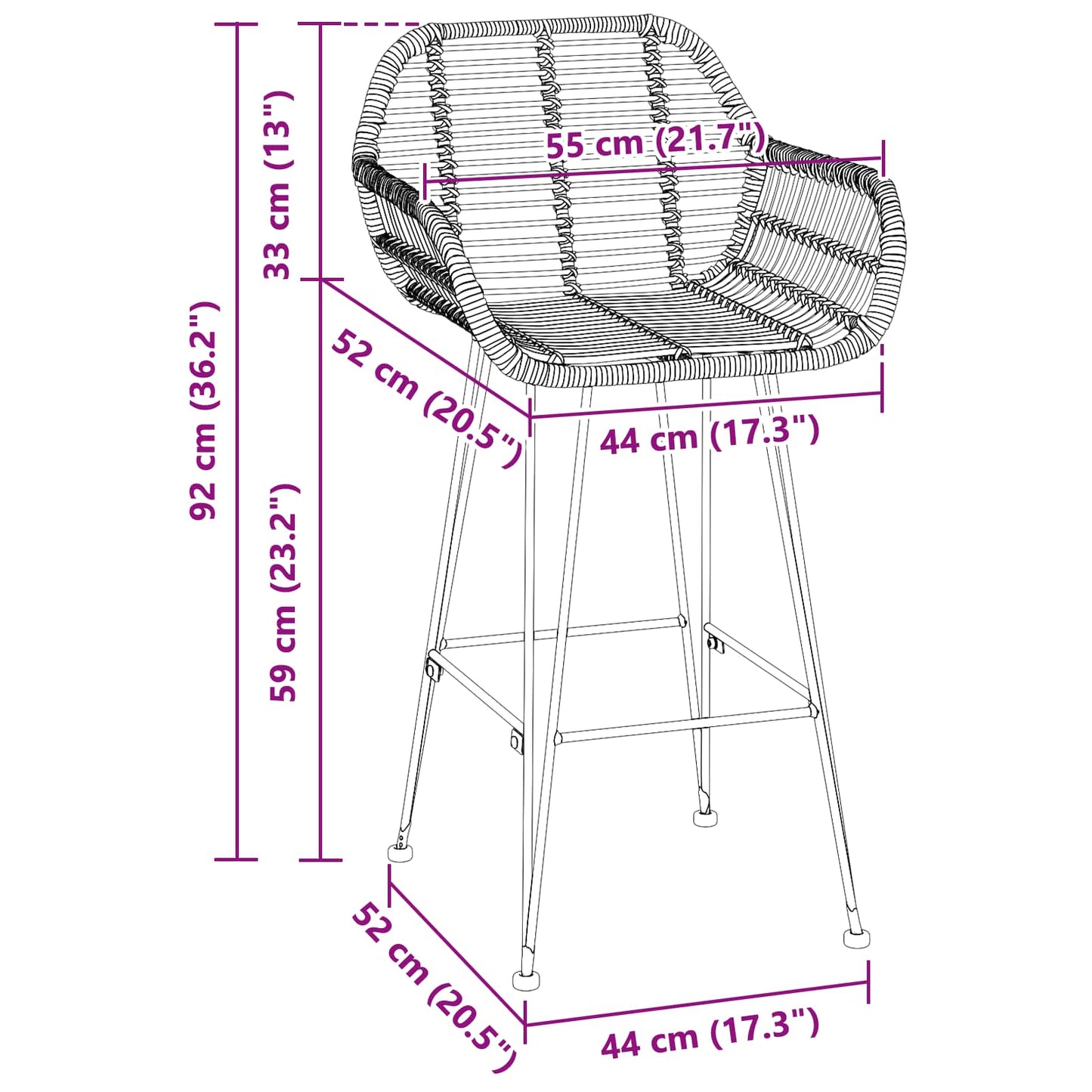 Barstuhl 2 stk. Schwarz 55 x 52 x 92 cm Rattan und Eisen
