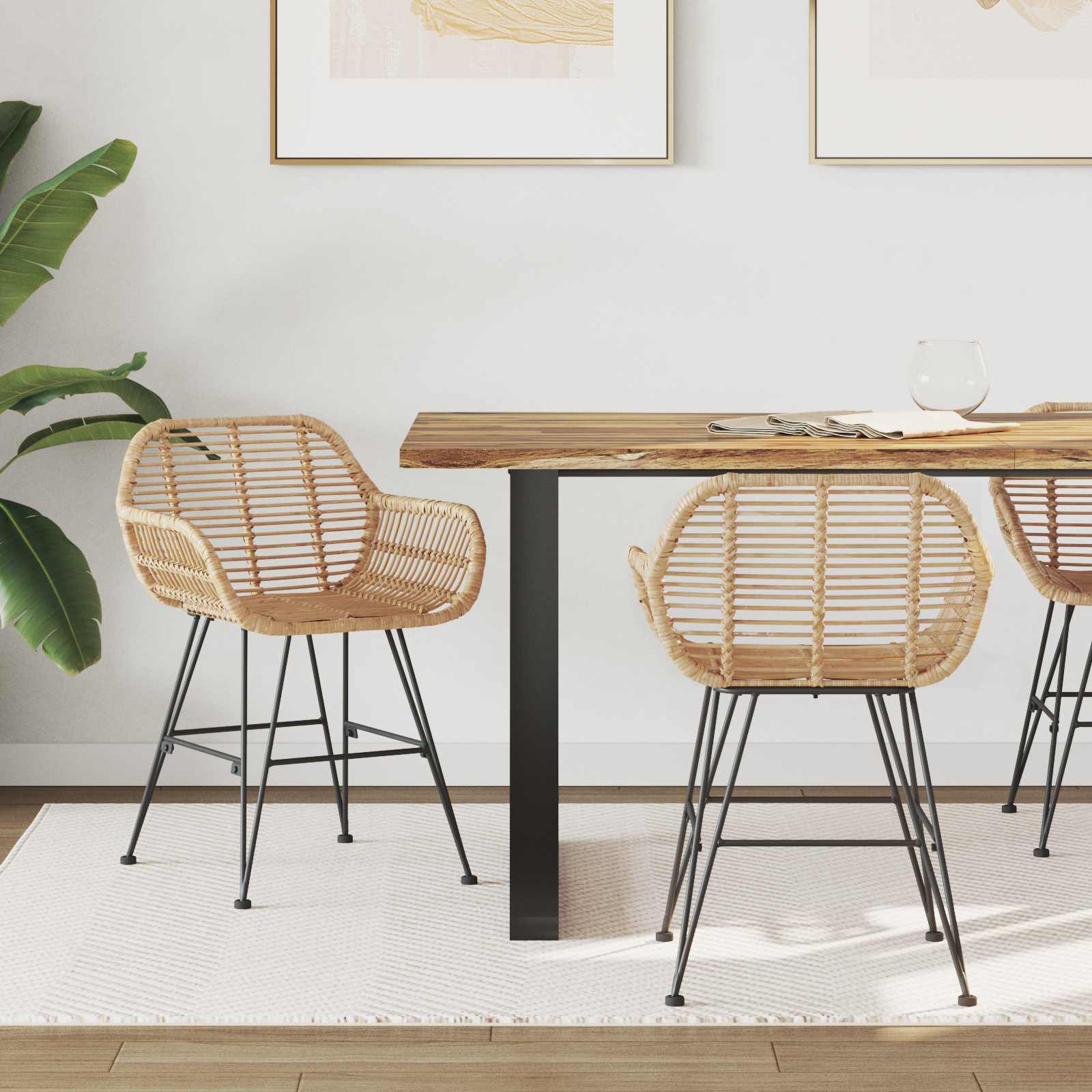 Esszimmerstuhl 2 Stk. Rattan und Eisen Natur 55 x 50 x 74 cm