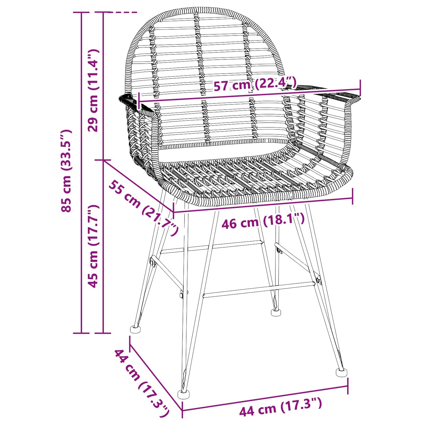 Esszimmerstuhl 2 stk. Rattan und Eisen Natur 57 x 55 x 85 cm