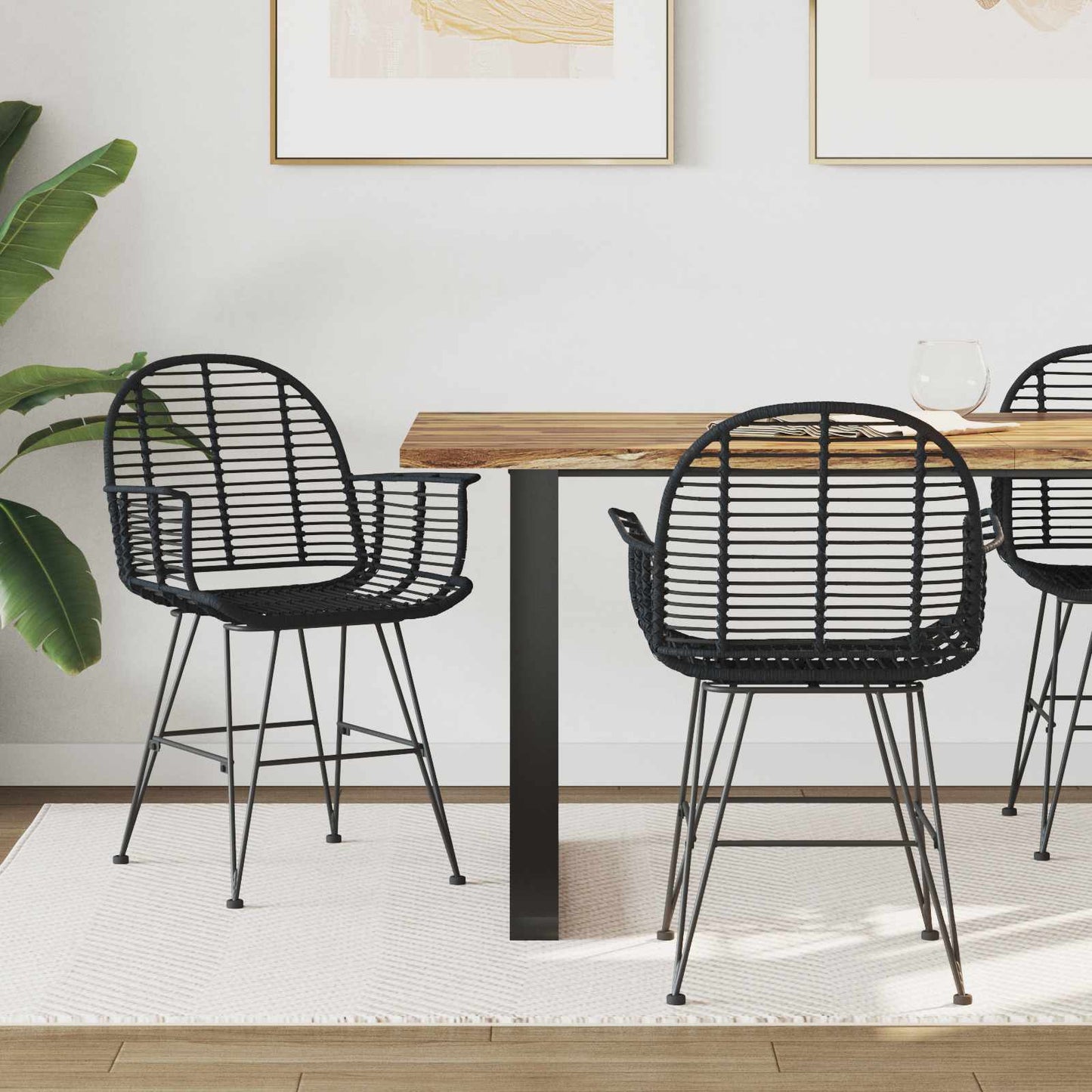 Esszimmerstuhl 2 stk. Rattan und Eisen Schwarz 57 x 55 x 85 cm