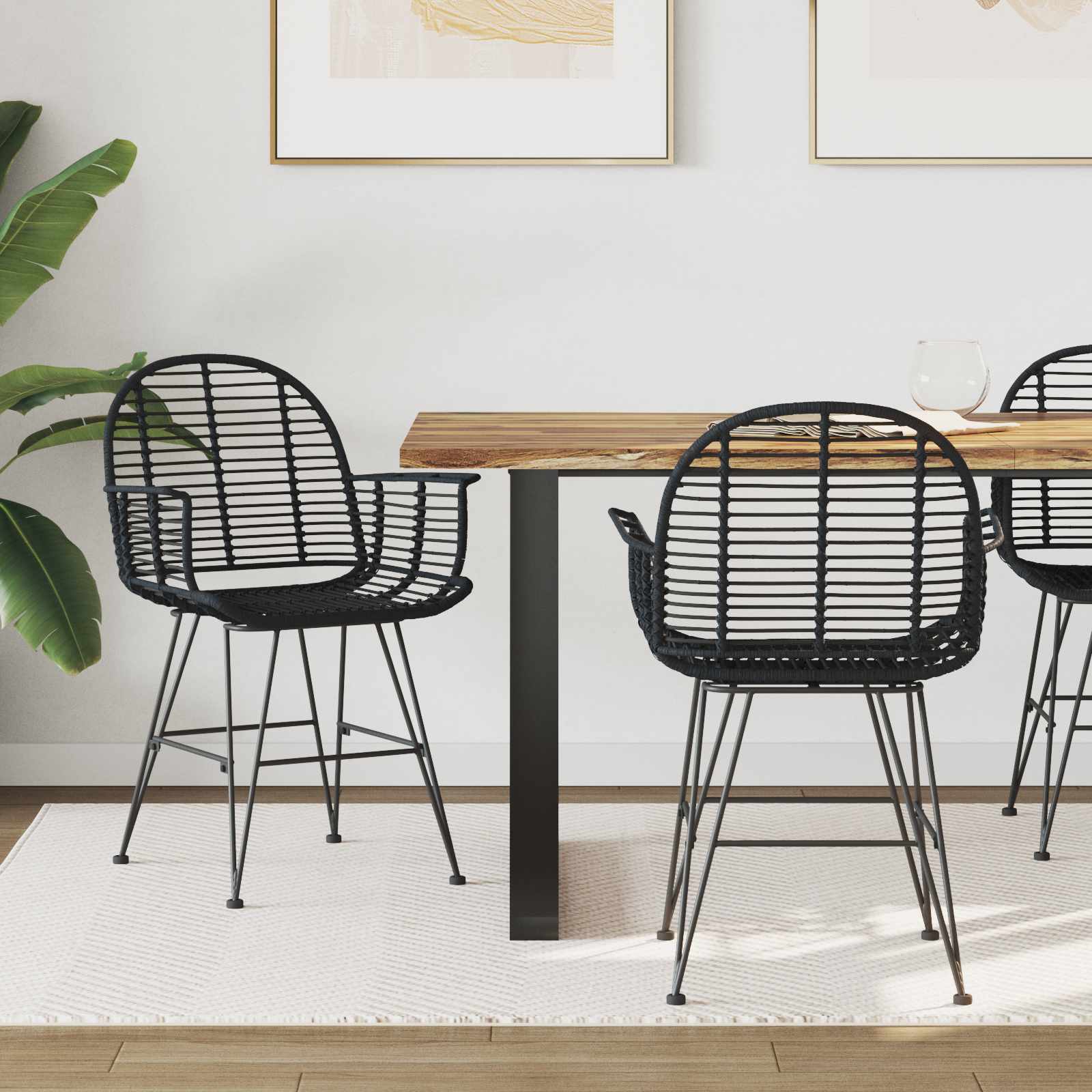 Esszimmerstuhl 2 stk. Rattan und Eisen Schwarz 57 x 55 x 85 cm