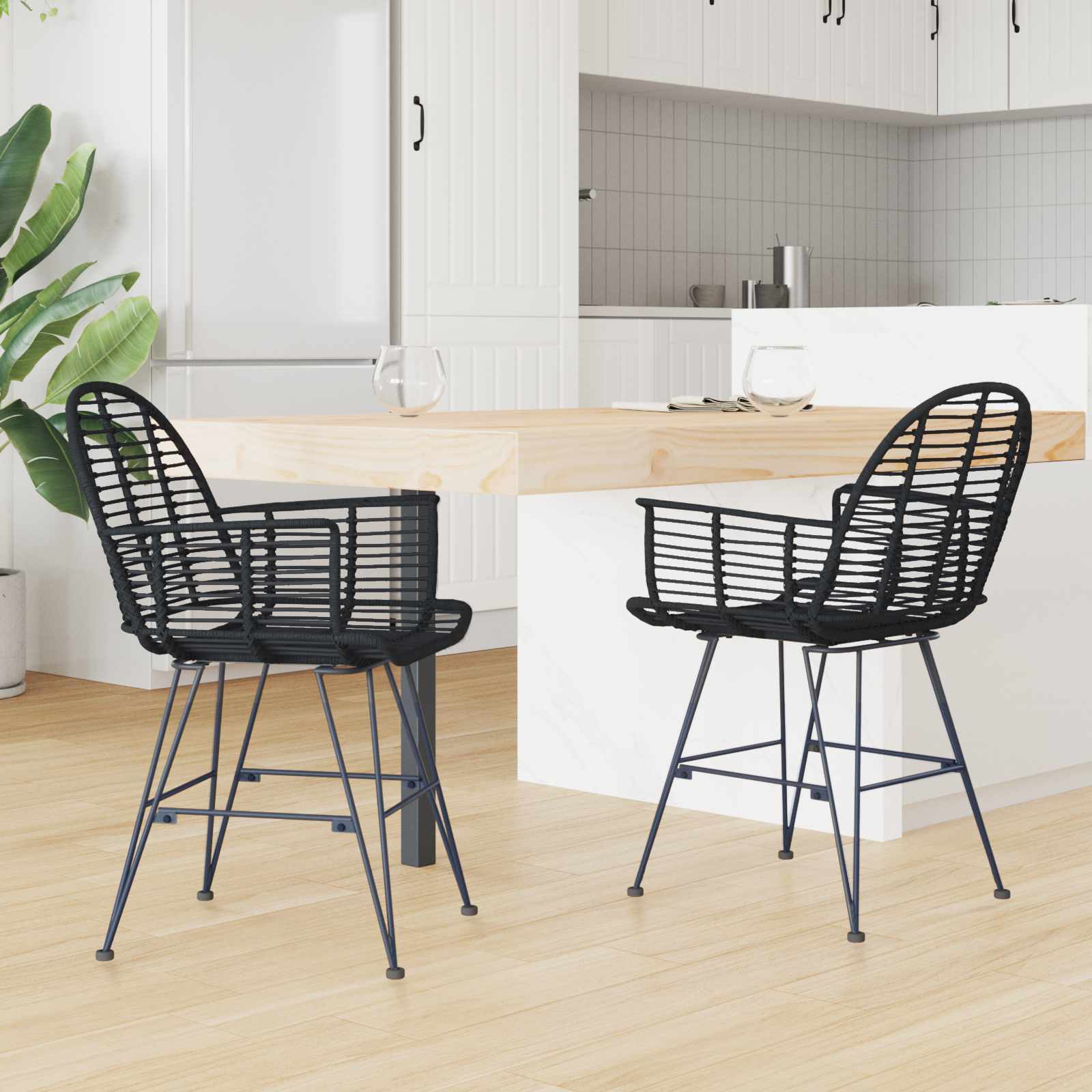 Esszimmerstuhl 2 stk. Rattan und Eisen Schwarz 57 x 55 x 85 cm