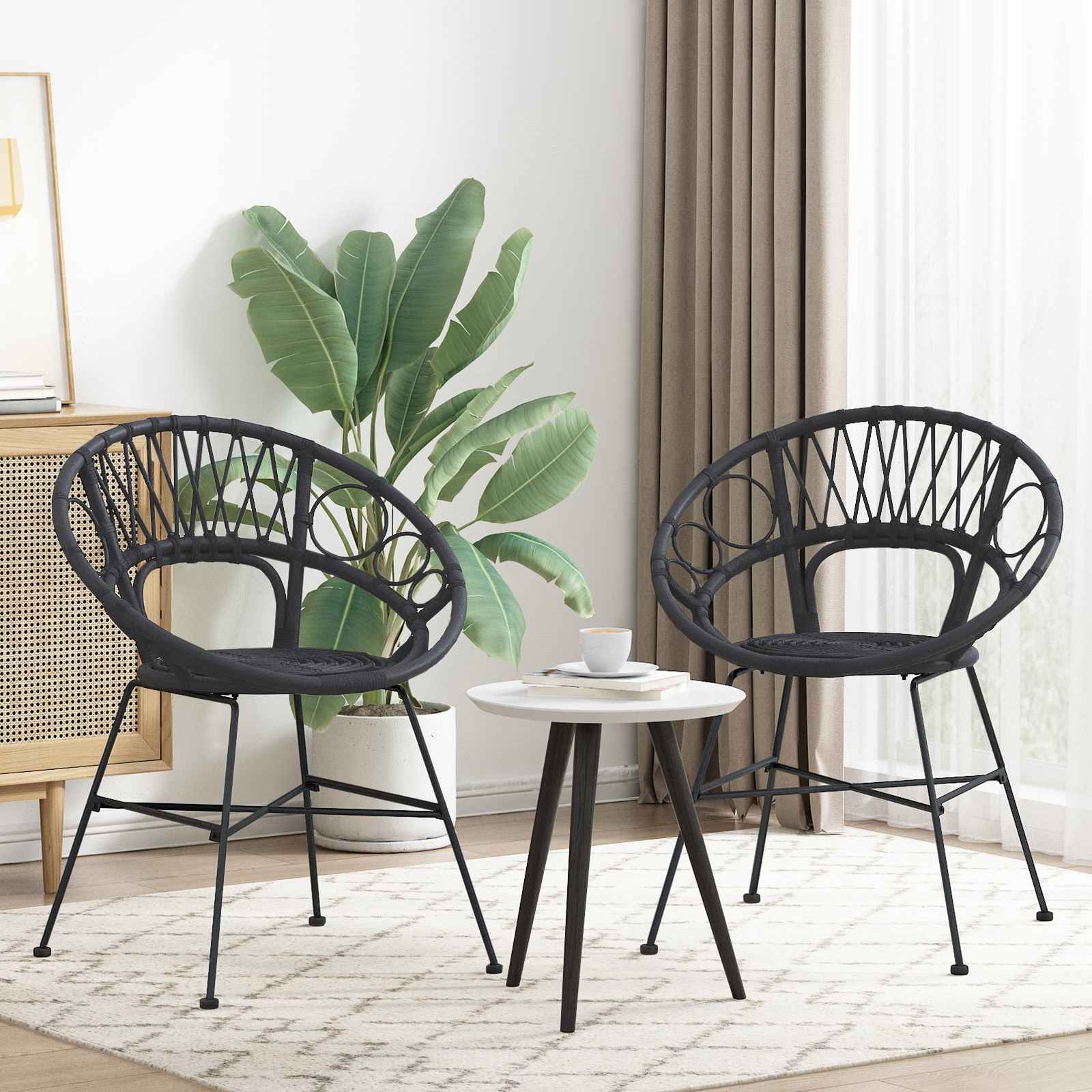 Esszimmerstuhl 2 stk. Rattan und Eisen Schwarz 54 x 65 x 82 cm