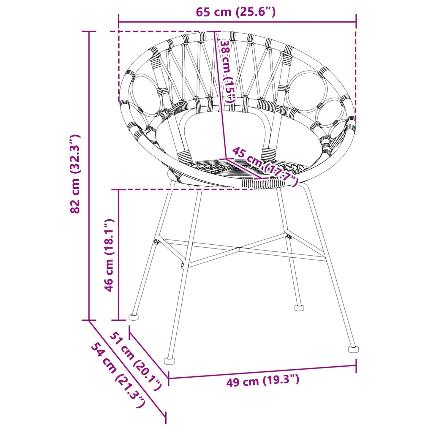 Esszimmerstuhl 2 stk. Rattan und Eisen Schwarz 54 x 65 x 82 cm