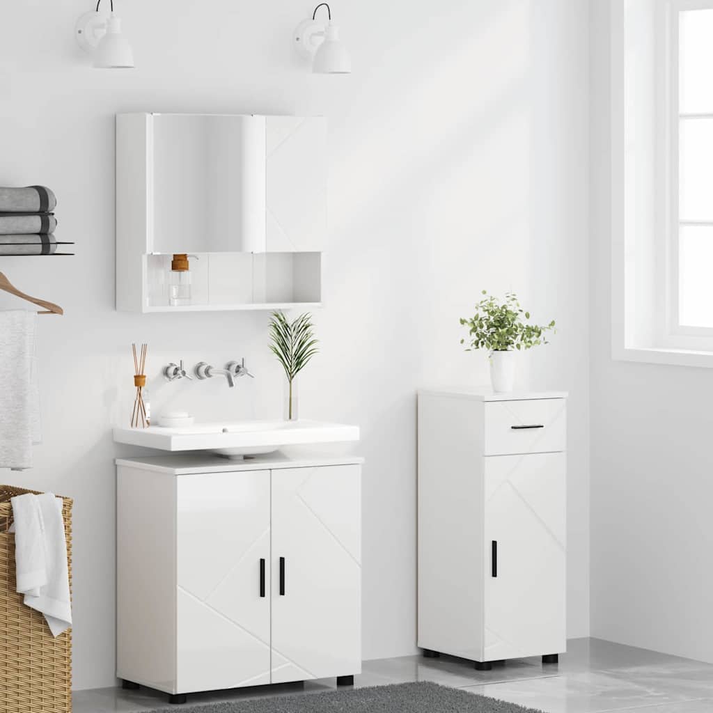 Badezimmermöbel-Set 3 pcs Hochglanz Weiß Holzwerkstoff & Metall