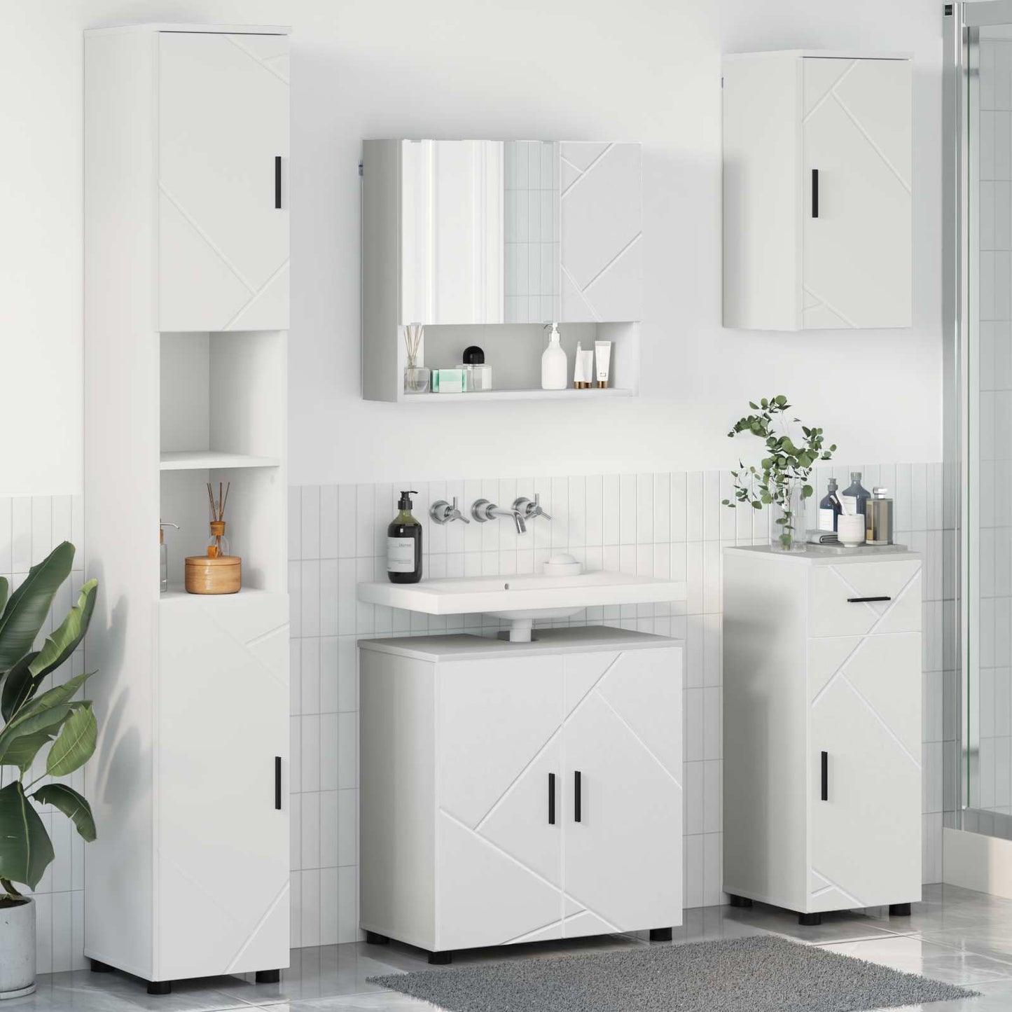Badezimmermöbel-Set mit Tür 5 pcs Weiß Holzwerkstoff & Metall