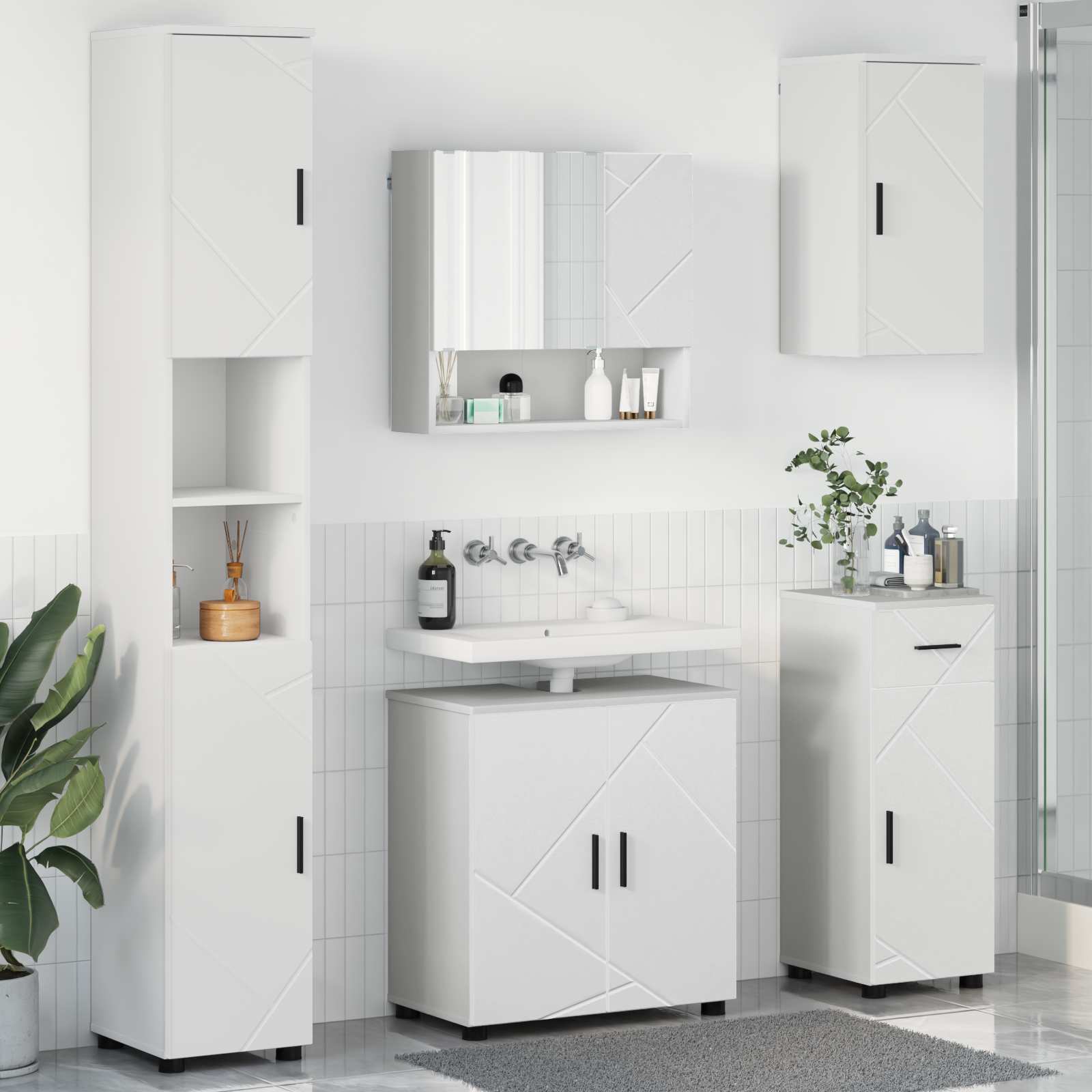 Badezimmermöbel-Set mit Tür 5 pcs Weiß Holzwerkstoff & Metall