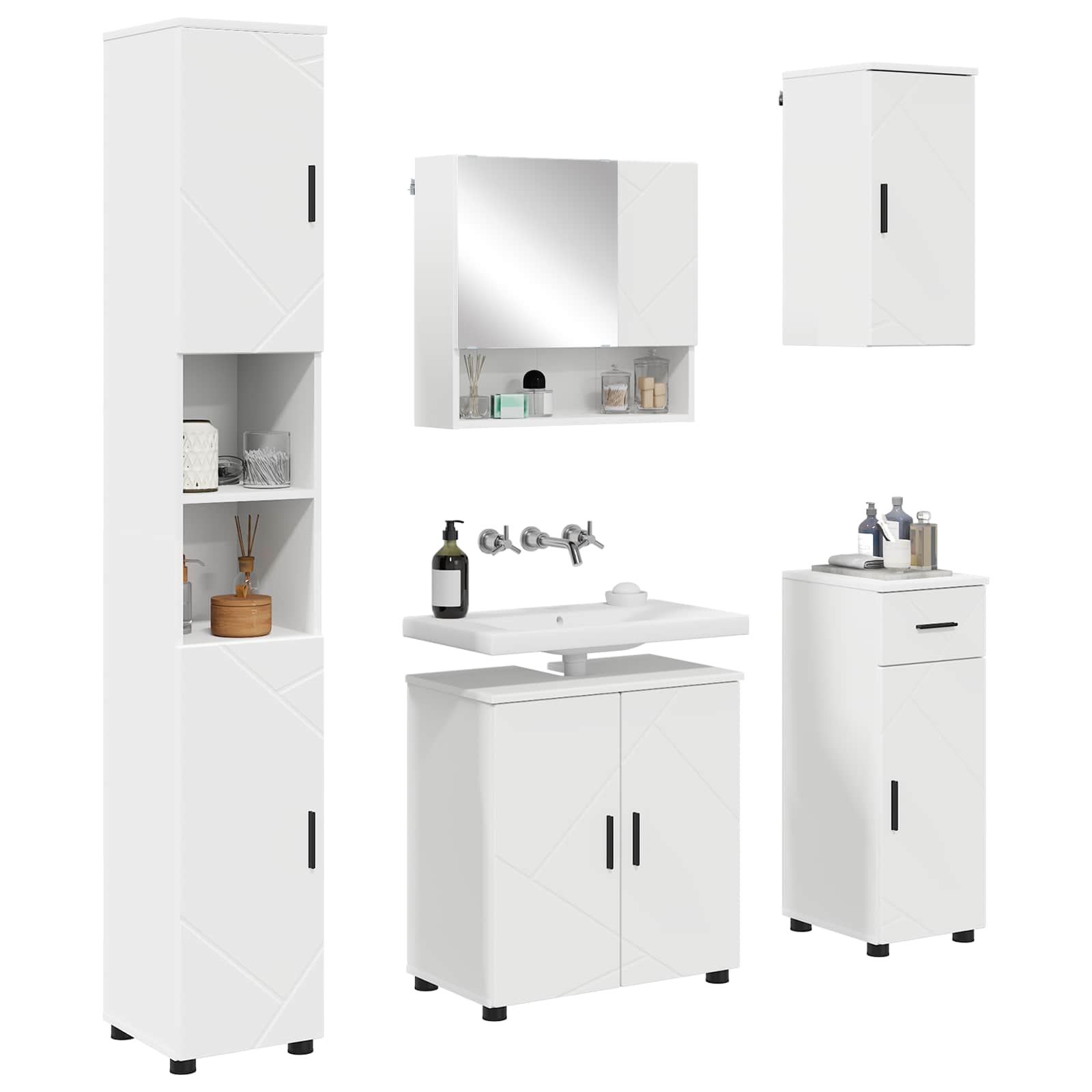 Badezimmermöbel-Set mit Tür 5 pcs Weiß Holzwerkstoff & Metall