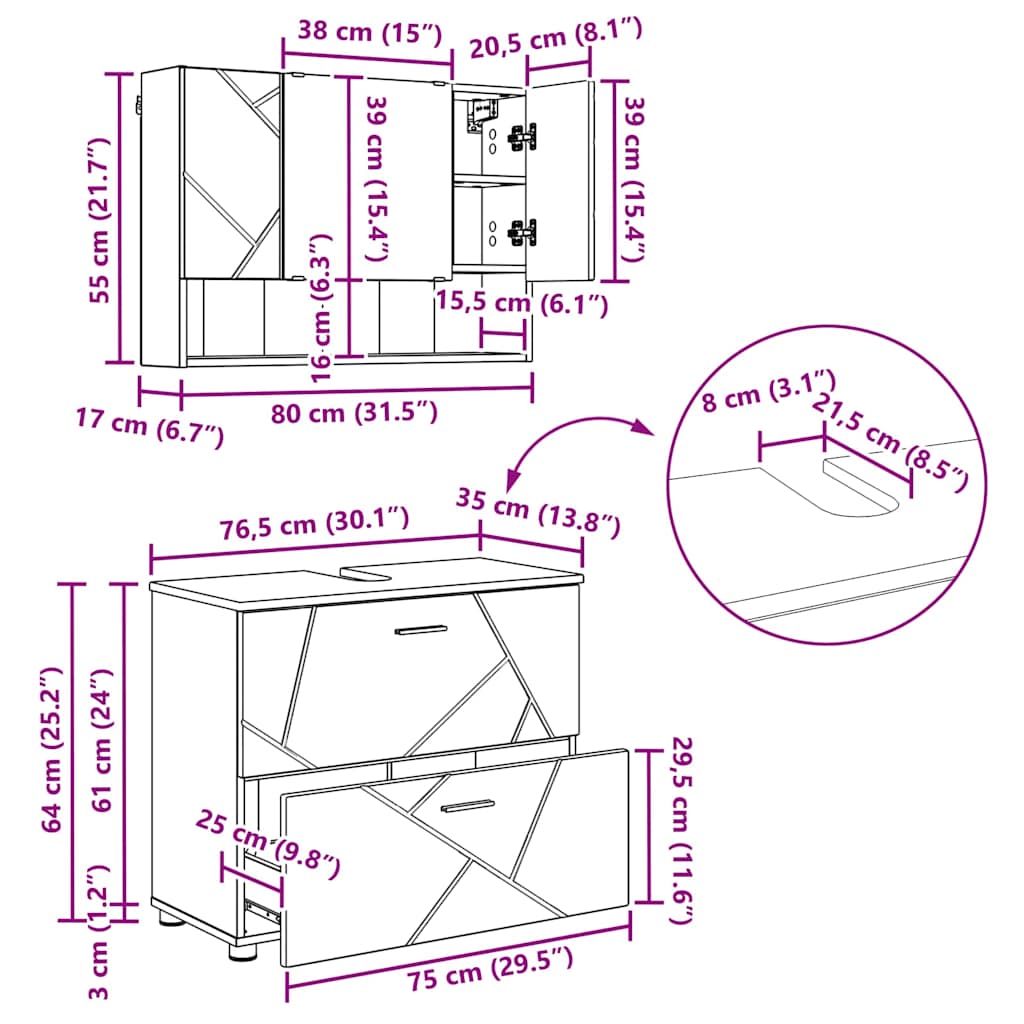 Badezimmermöbel-Set 2 stk. Schwarz 76,5 x 35 x 64 cm