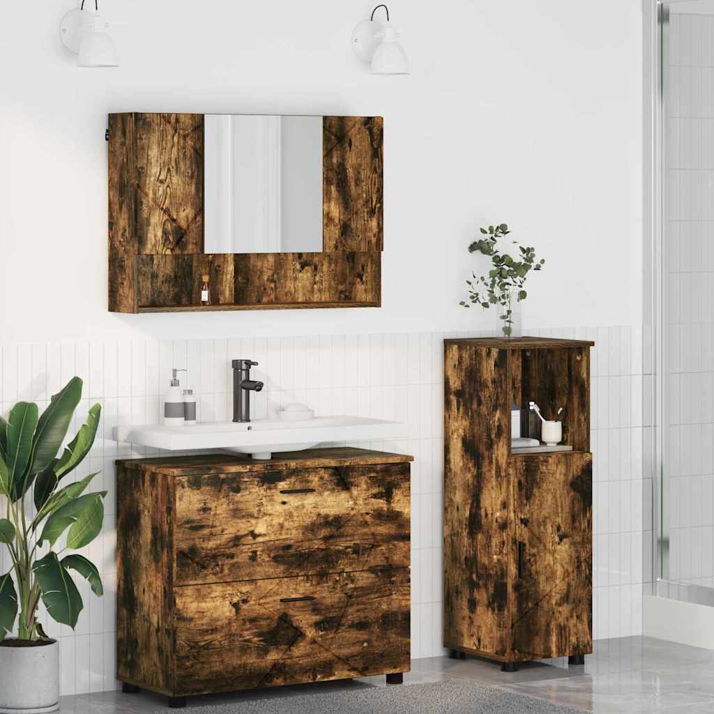 Badezimmermöbel Set mit Regal 3 pcs Räuchereiche Holzwerkstoff