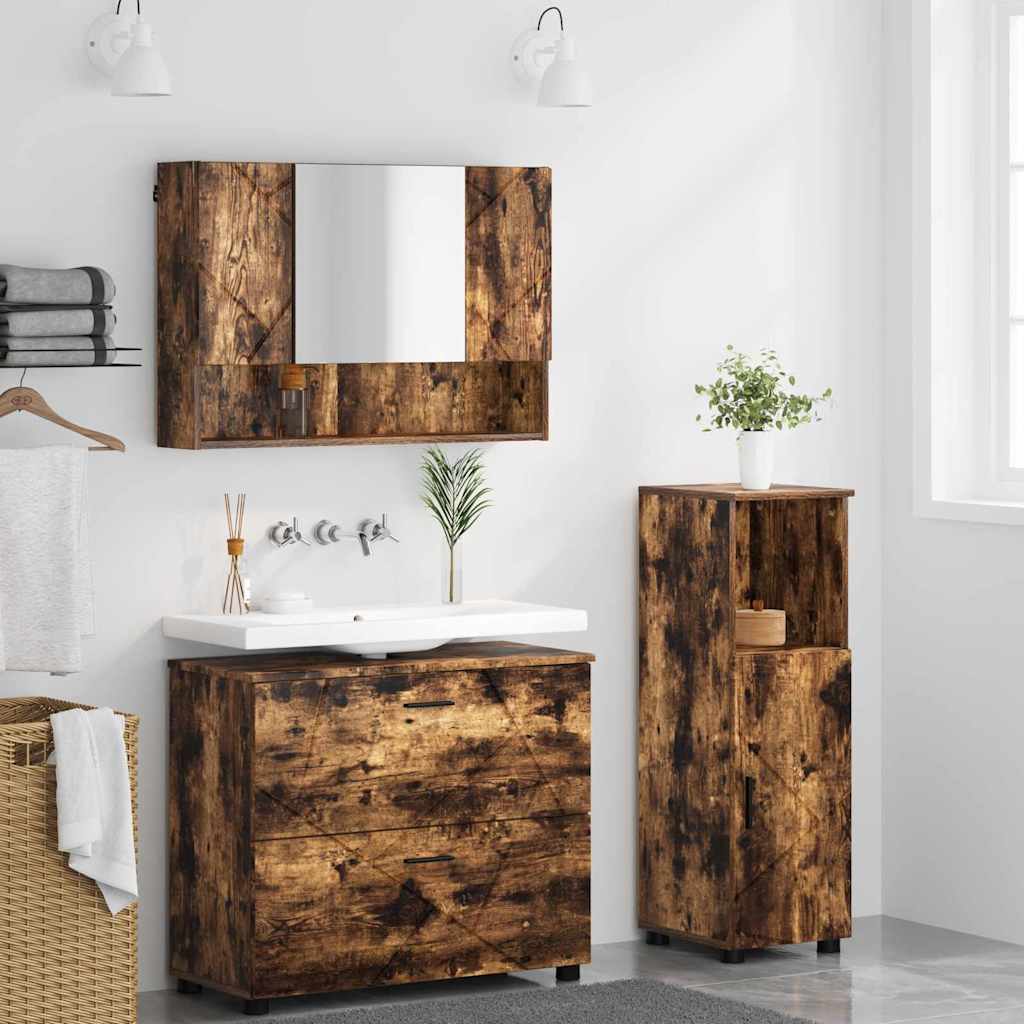 Badezimmermöbel Set mit Regal 3 pcs Räuchereiche Holzwerkstoff