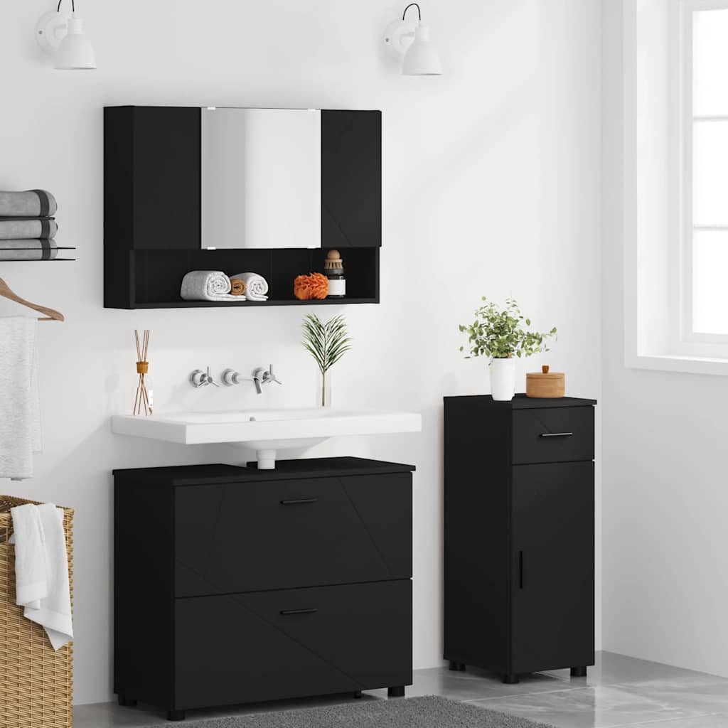 Badezimmermöbel-Set mit Tür 3 pcs Schwarz Sperrholz und Metall