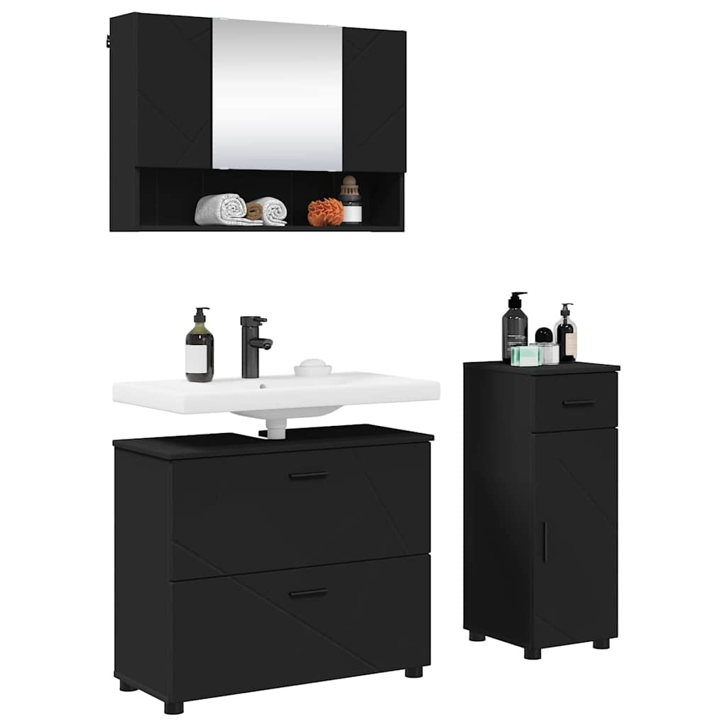 Badezimmermöbel-Set mit Tür 3 pcs Schwarz Sperrholz und Metall