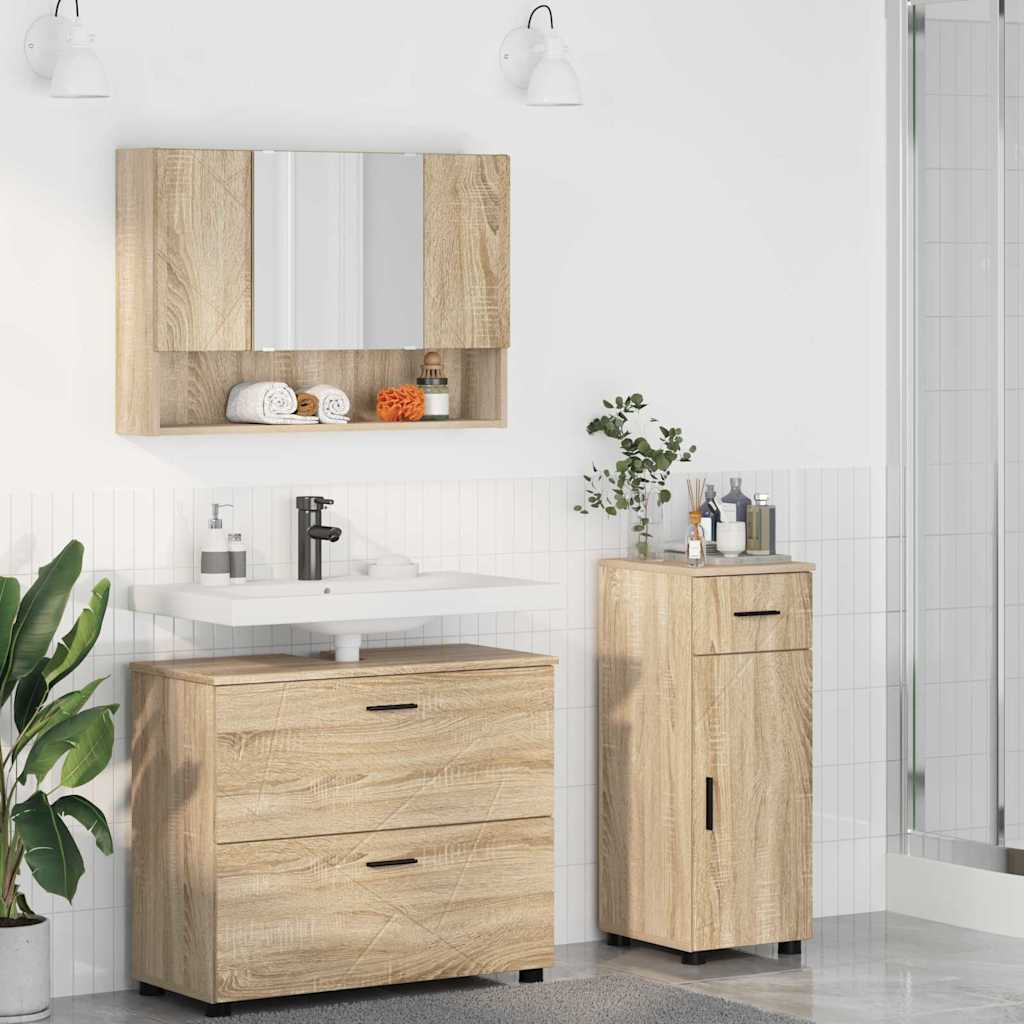 Badezimmermöbel-Set 3 pcs Sonoma-Eiche Sperrholz und Metall