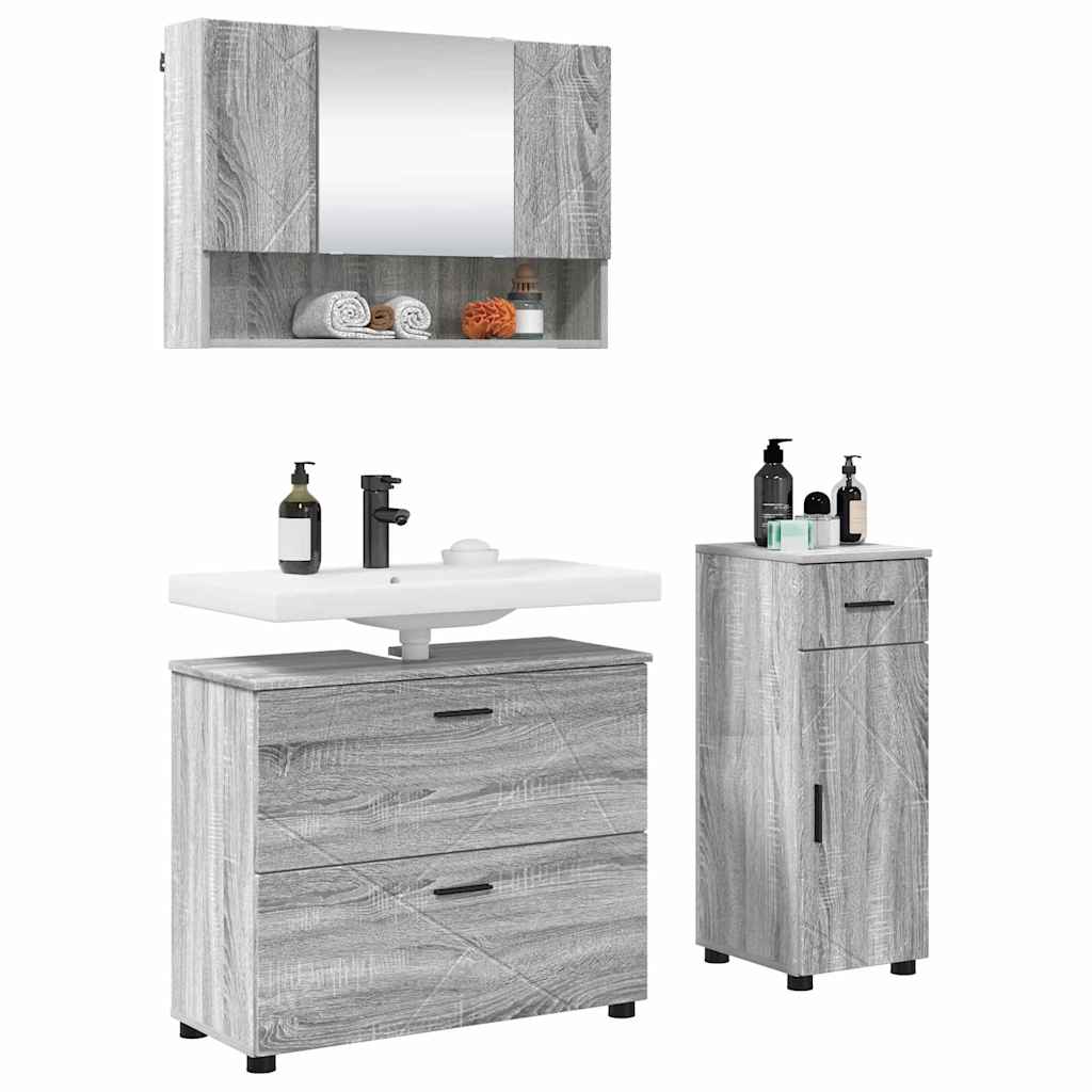 Badezimmermöbel-Set 3 Stk. Sonoma-Grau Sperrholz und Metall