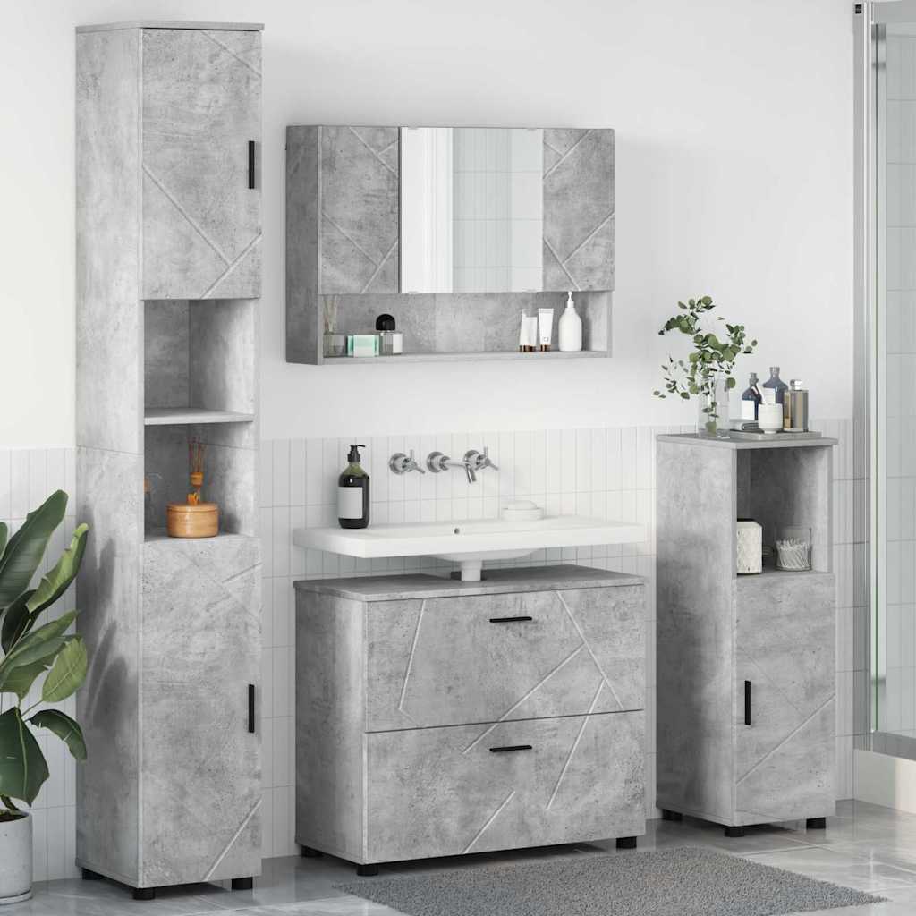 Badezimmermöbel-Set 4 pcs Beton Grau Sperrholz und Metall