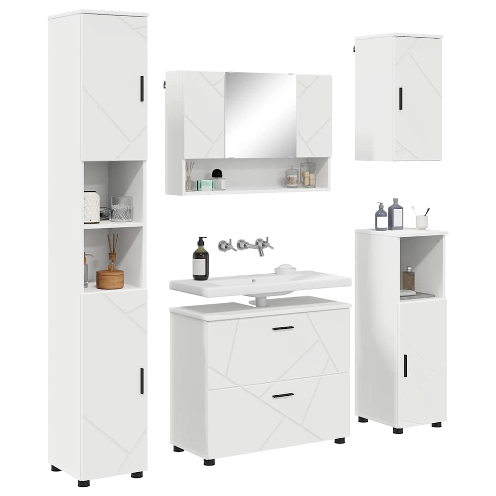 Badezimmermöbel-Set mit Regal 5 pcs Weiß Sperrholz und Metall