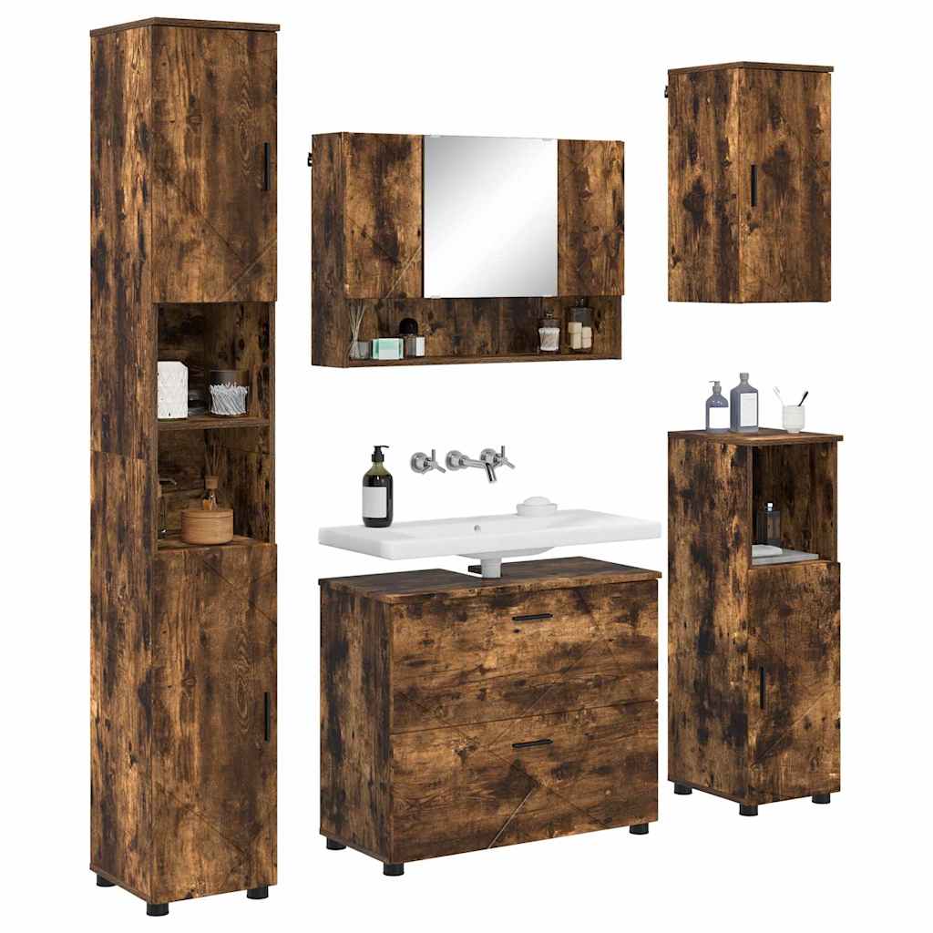 Badezimmermöbel-Set 5 stk. Geräucherte Eiche 35 x 30 x 192 cm