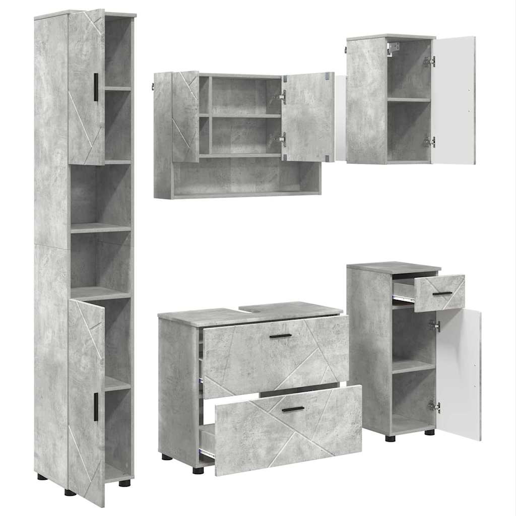 Badezimmermöbel-Set 5 pcs Beton Grau Sperrholz und Metall