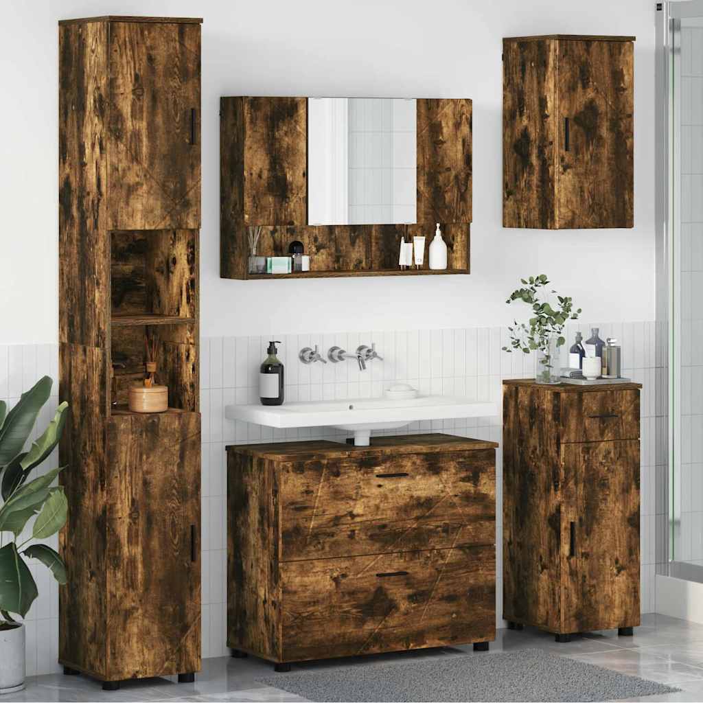 Badezimmermöbel-Set 5 stk. Geräucherte Eiche 35 x 30 x 192 cm