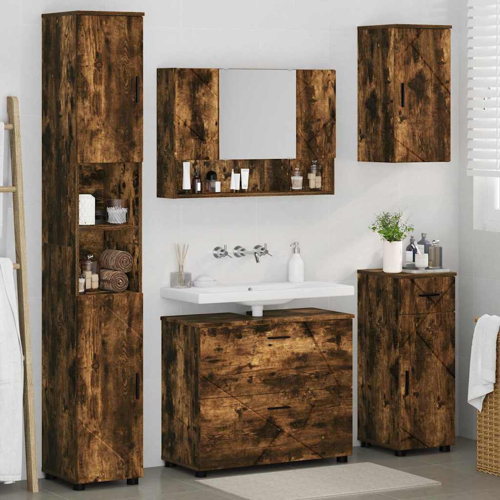 Badezimmermöbel-Set 5 stk. Geräucherte Eiche 35 x 30 x 192 cm