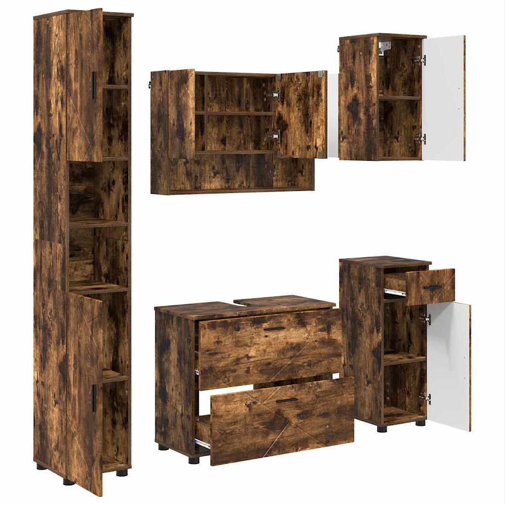 Badezimmermöbel-Set 5 stk. Geräucherte Eiche 35 x 30 x 192 cm