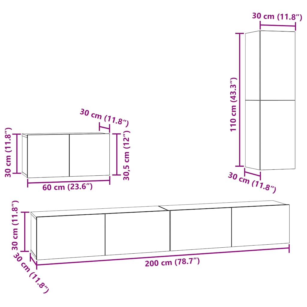 Wand-TV-Schrank 4 pcs Schwarz Eichen-Optik Holzwerkstoff