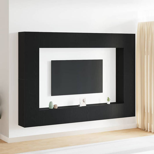 8-teiliges TV-Regal-Set zur Wandmontage in Schwarz aus Eichenholz