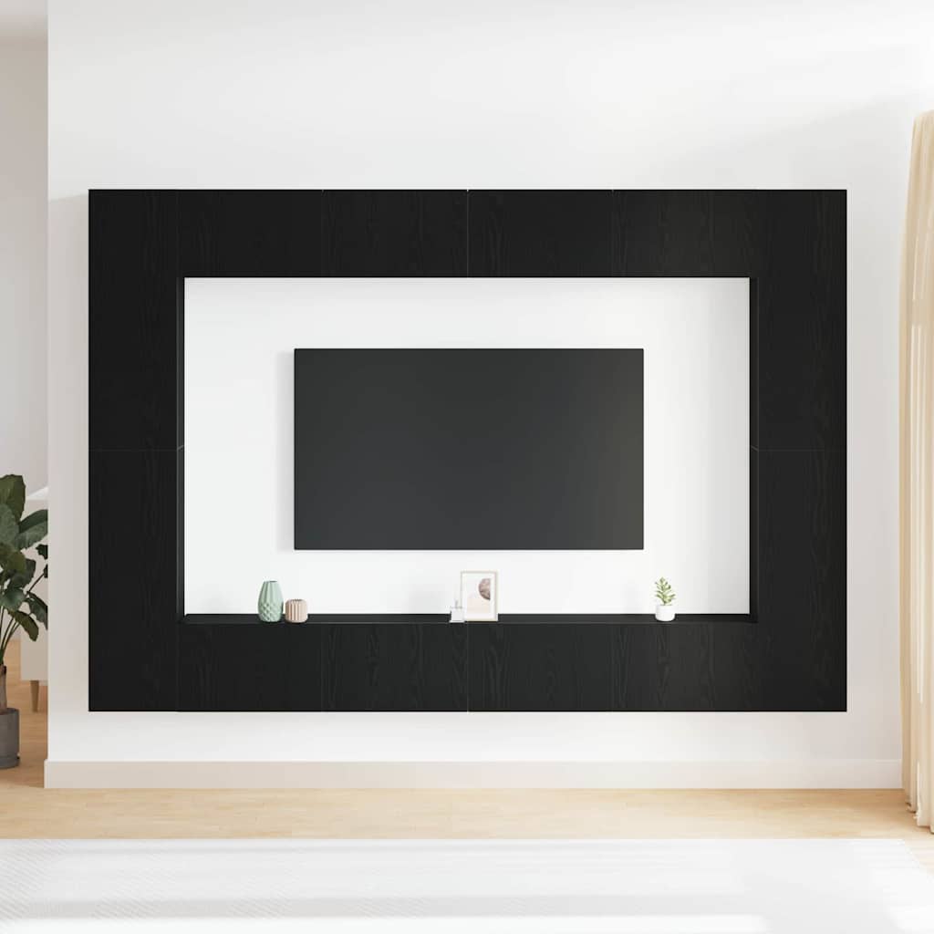 8-teiliges TV-Regal-Set zur Wandmontage in Schwarz aus Eichenholz
