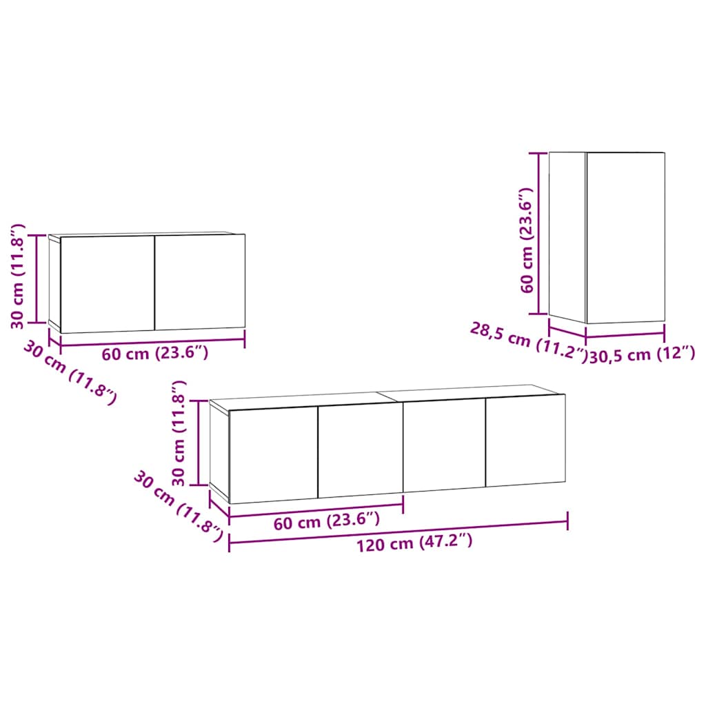 TV-Möbel-Set 4 pcs Schwarz Eichen-Optik 30,5 x 30 x 60 cm