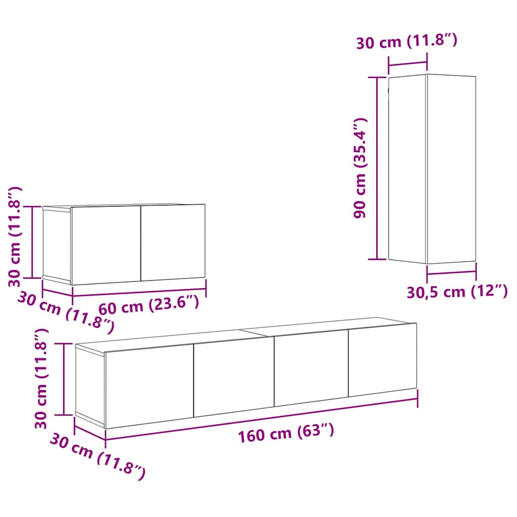 Wand-TV-Schrank 4 stk. Schwarz Eichen-Optik Holzwerkstoff
