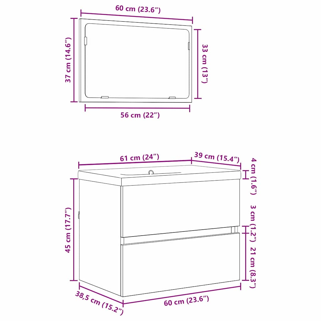 Badezimmermöbel-Set 3 stk. Altholz 60 x 38,5 x 45 cm